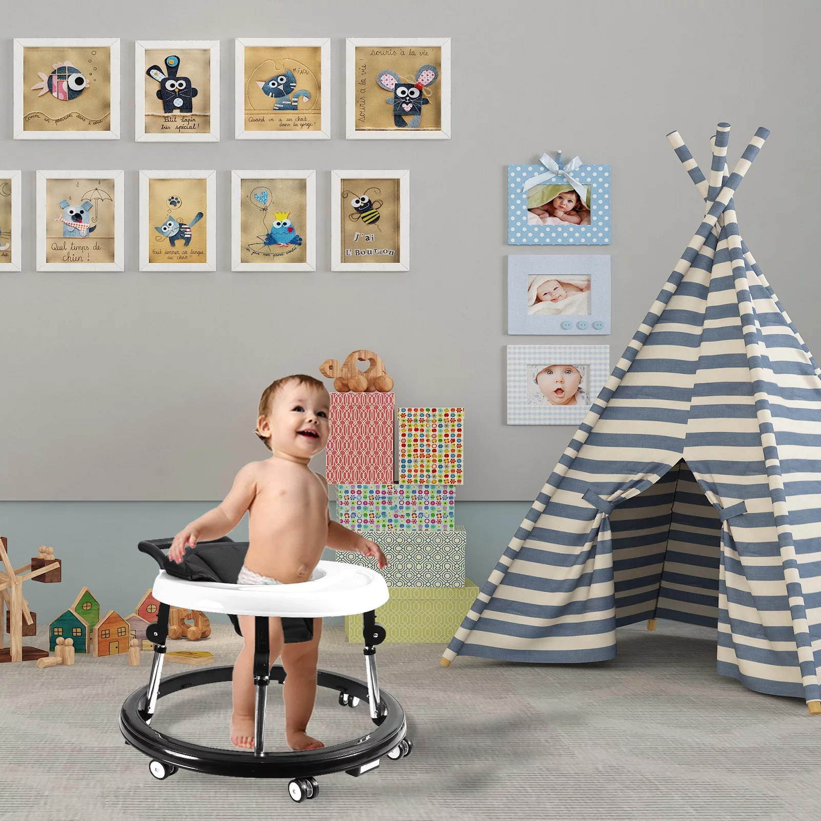 Baby Walker, Baby Walker with Wheels, Foldable 9-Gear Height Adjustable, Baby Walkers and Activity Center with Foot Pads/Mute Wheels, Baby Walkers for Baby Boys and Baby Girls 6-24 Months