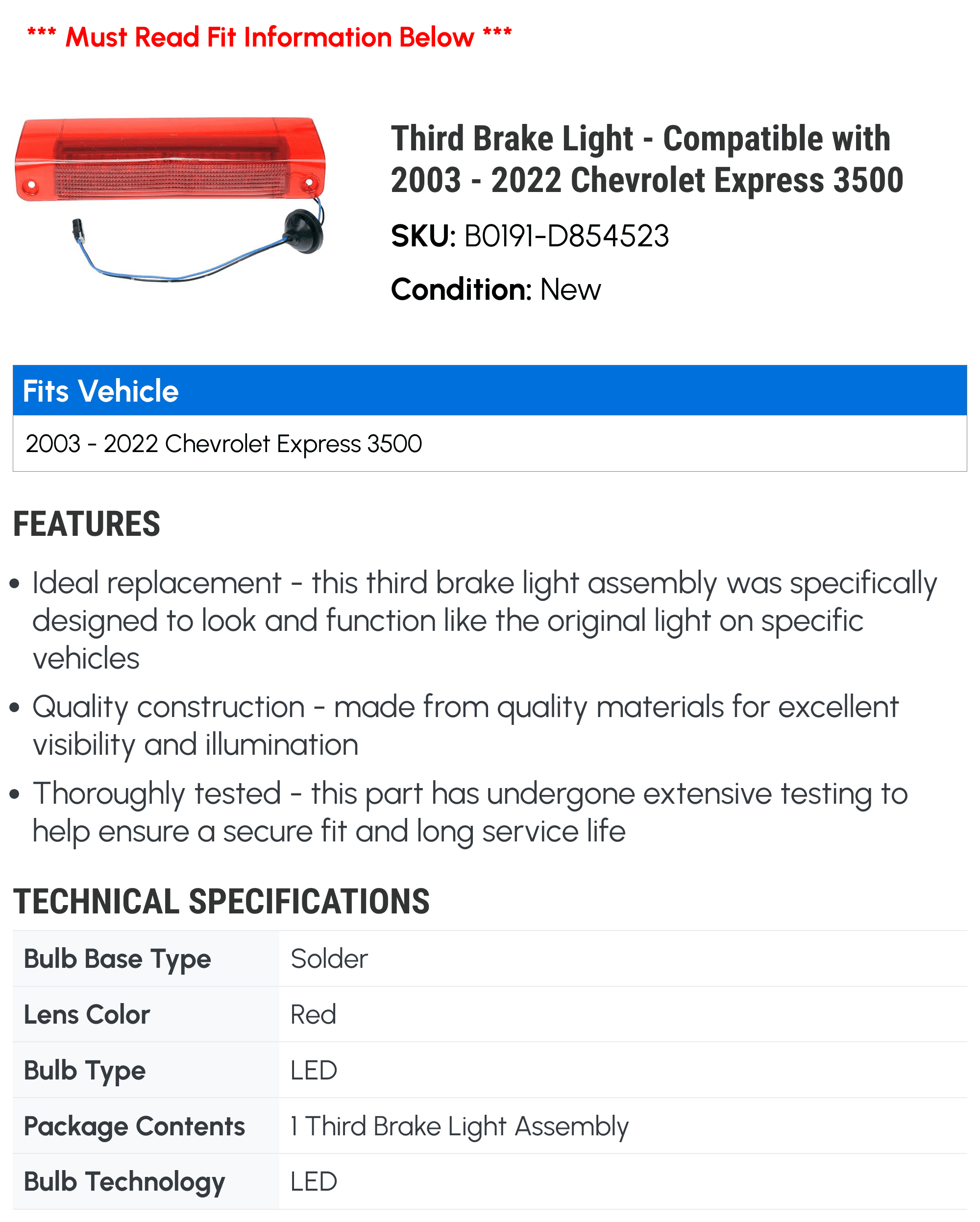 Third Brake Light - Compatible with 2003 - 2022 Chevy Express 3500 2004 2005 2006 2007 2008 2009 2010 2011 2012 2013 2014 2015 2016 2017 2018 2019 2020 2021