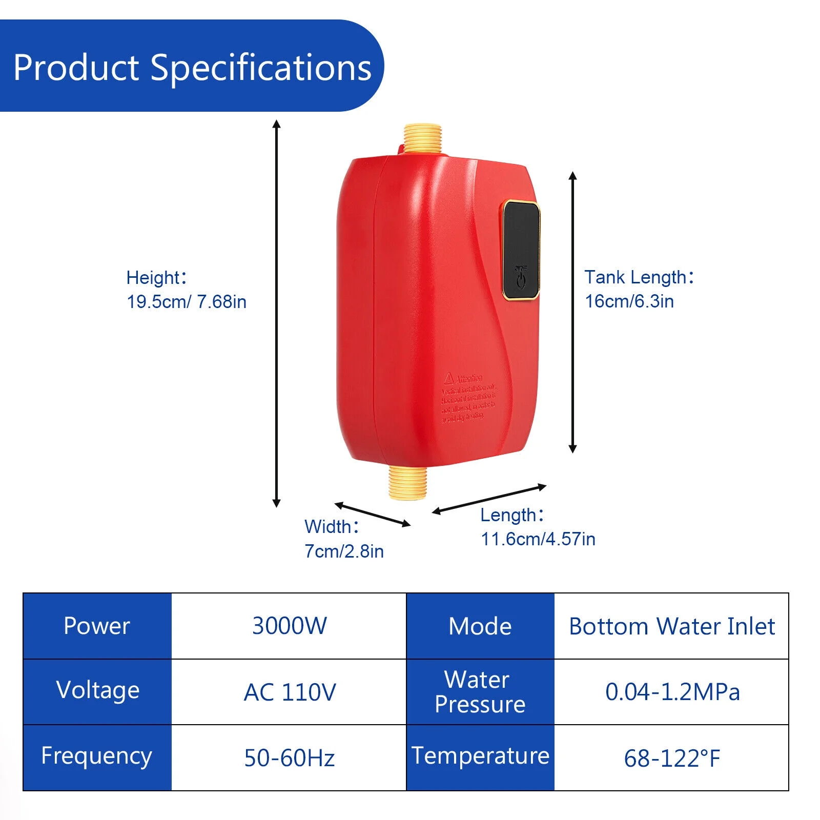 110V 3000W Mini Electric Tankless Instant Hot Water Heater Bathroom Kitchen Red 20-50℃/68-122℉