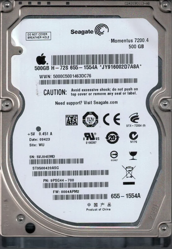 ST9500420ASG P/N: 9PSG44-700 F/W: 0004APM2 WU 5VJ MAC 655-1554A Seagate 500GB