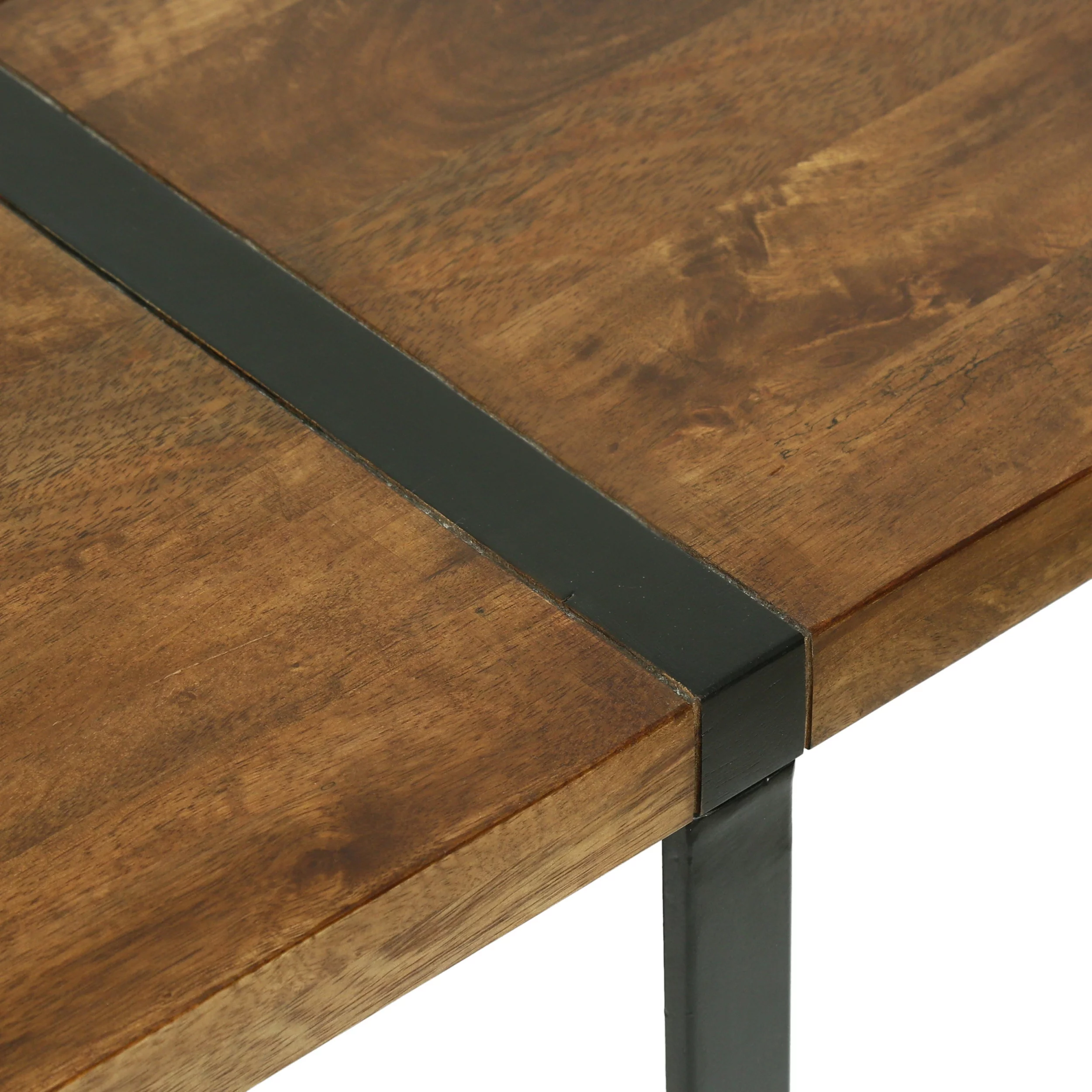 Noble House Parkey Mango Wood and Metal Handmade Square Coffee Table, Walnut Brown and Black