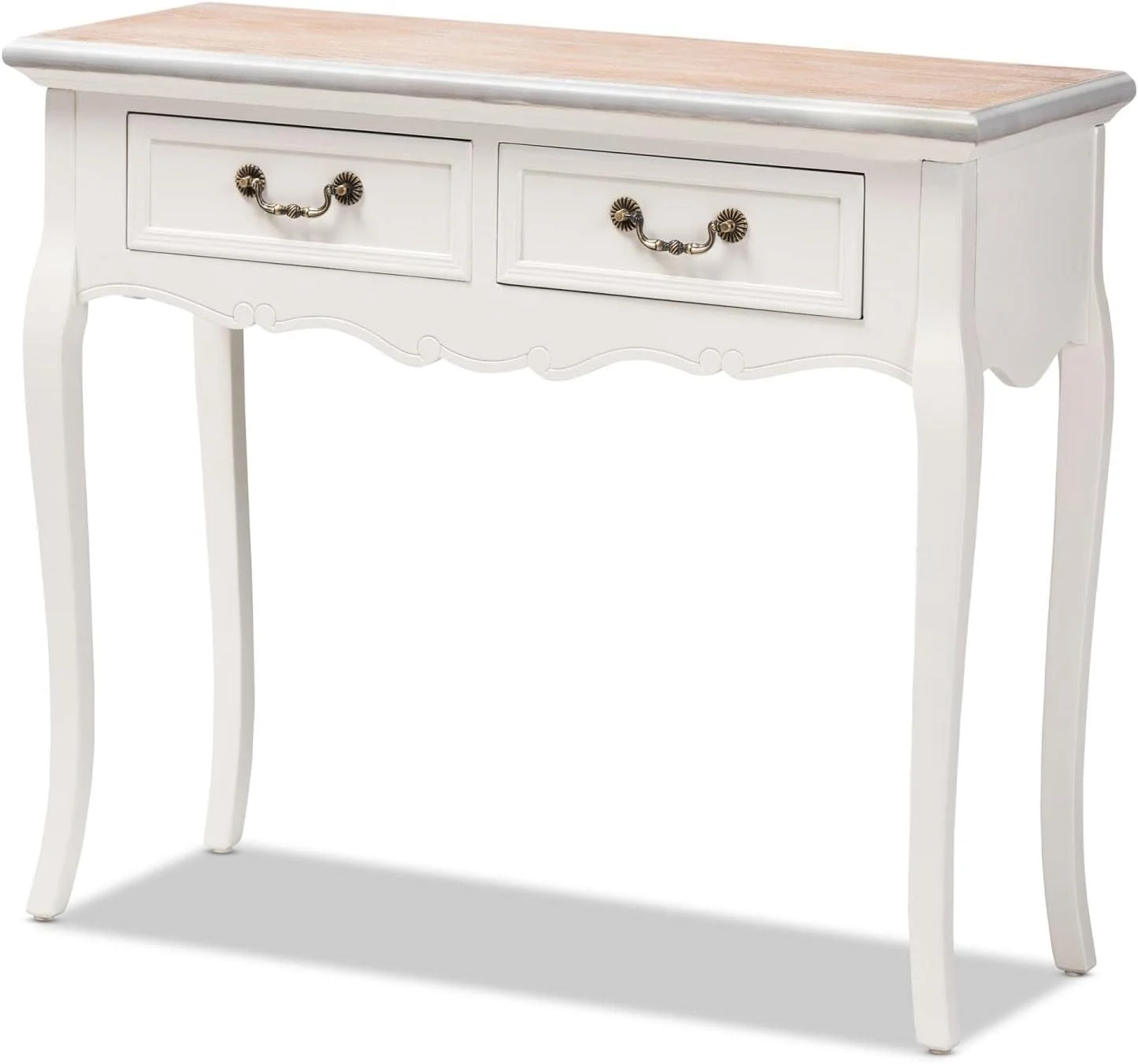 WTYNKAE Capucine Antique French Country Cottage Two Tone Natural Whitewashed Oak and White Finished Wood 2-Drawer Console Table