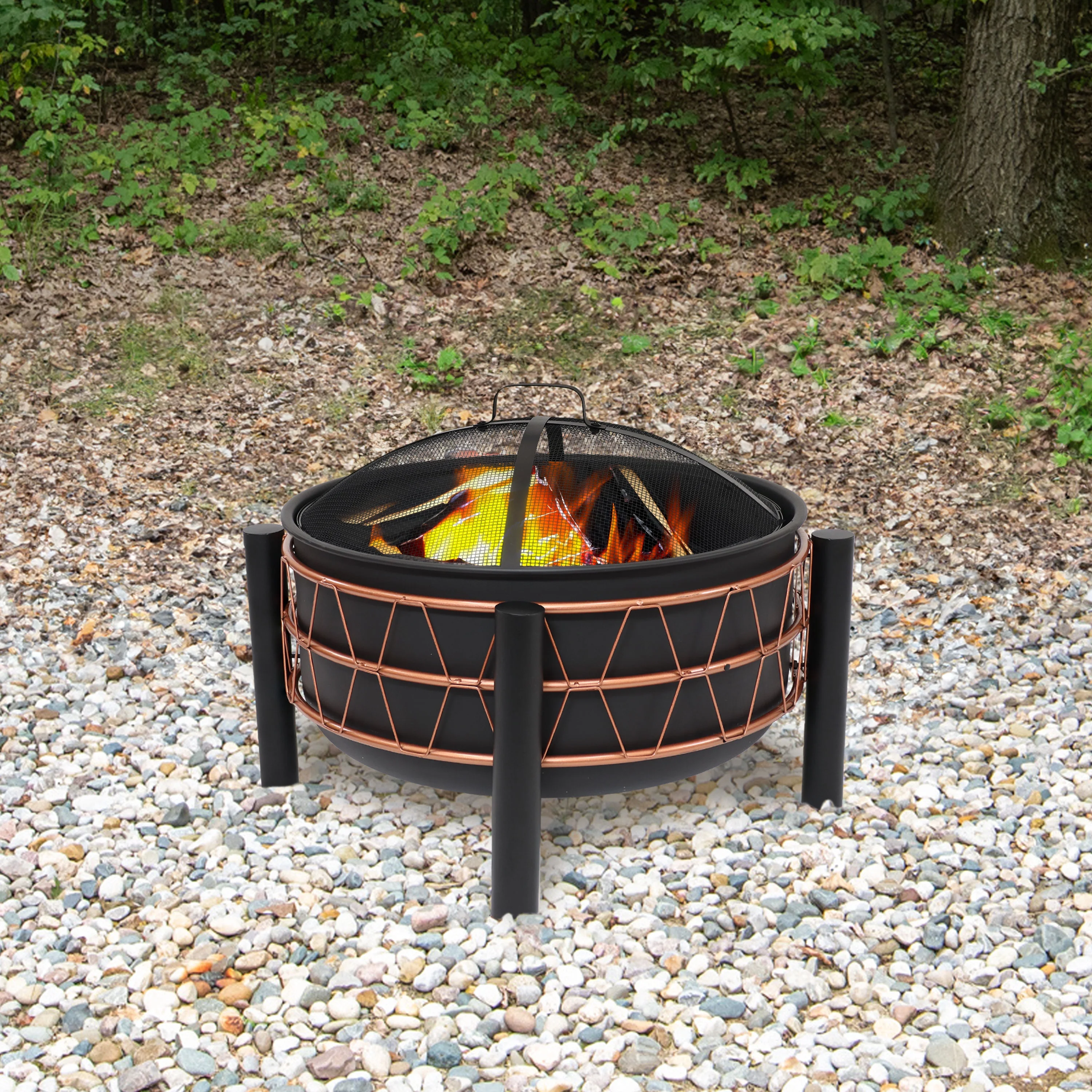 Sunnydaze Steel Wood-Burning Outdoor Fire Pit with Trapezoid Pattern and Cover - 24.5