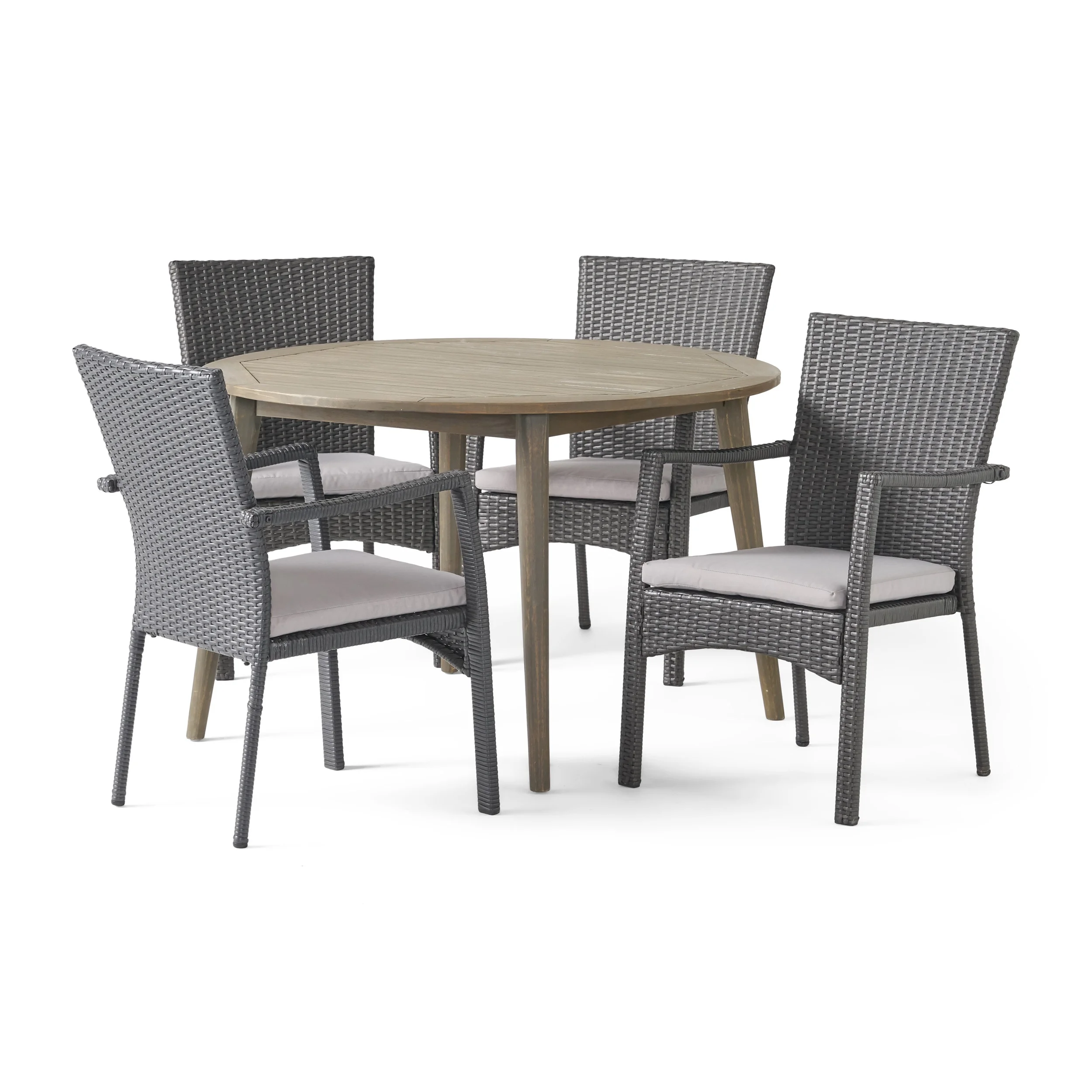 GDF Studio Venti Outdoor Acacia Wood and Wicker 5 Piece Dining Set with Cushion, Gray
