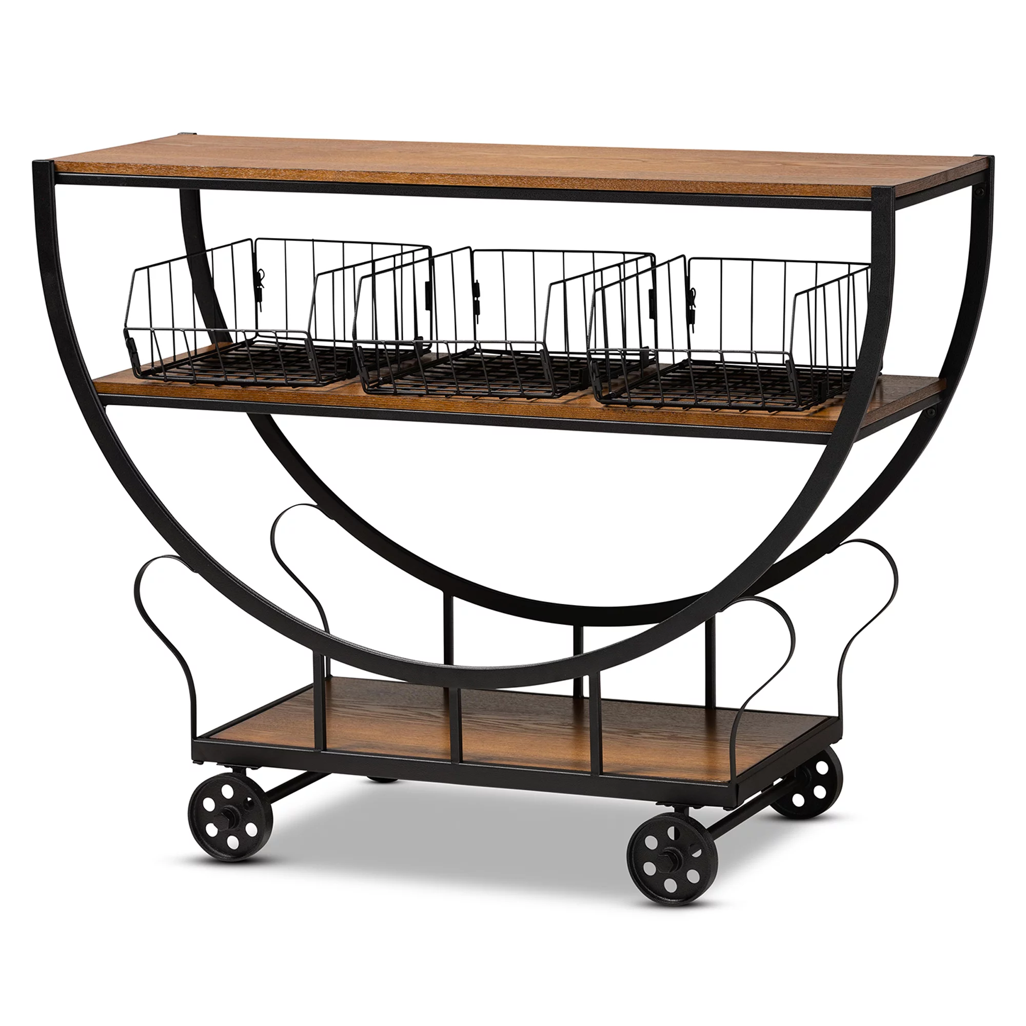Baxton Studio Frieda Industrial Wood and Metal 3 Tier Mobile Console Table, Walnut/Black