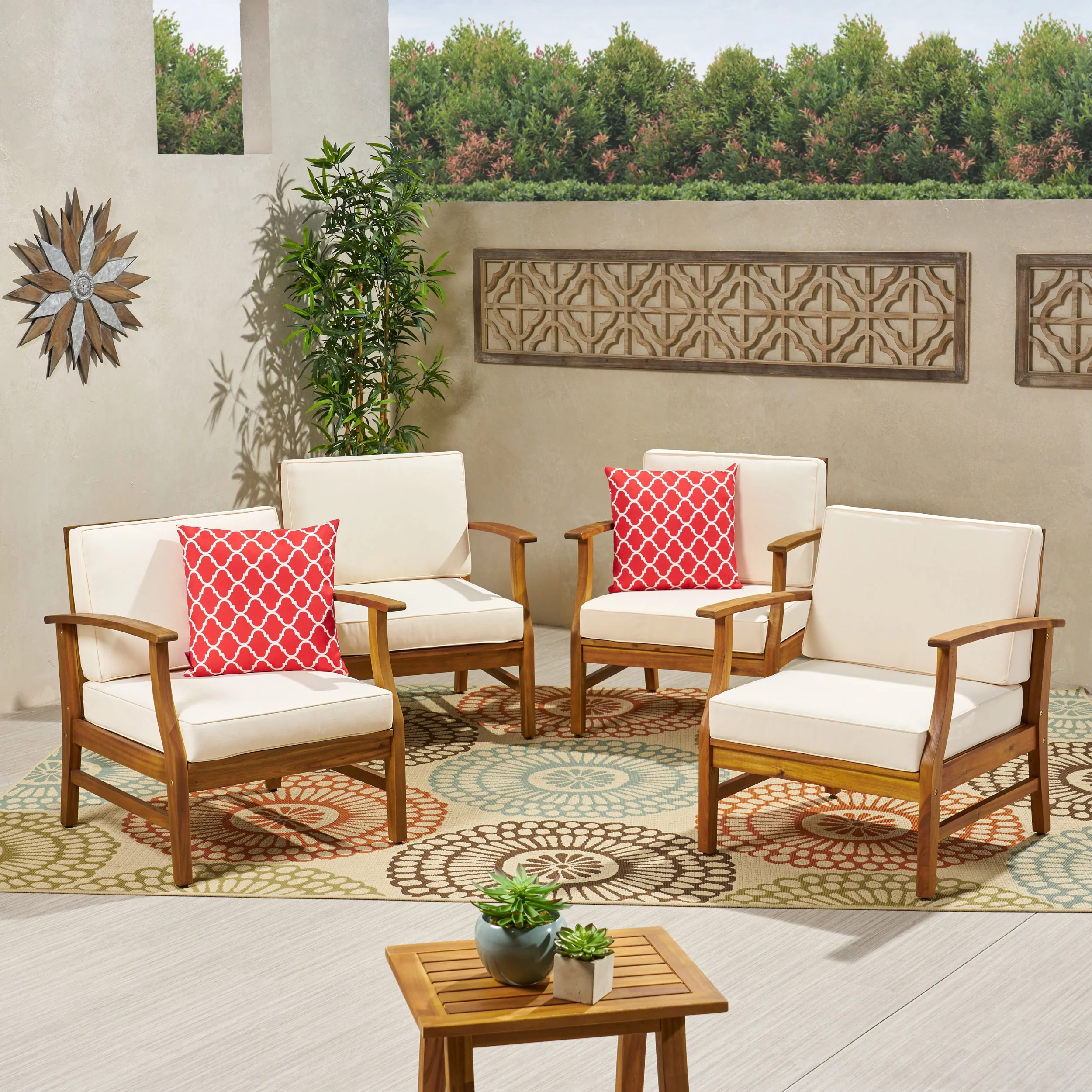 Angel Outdoor Teak Finished Acacia Wood Club Chairs with Cushions, Cream.