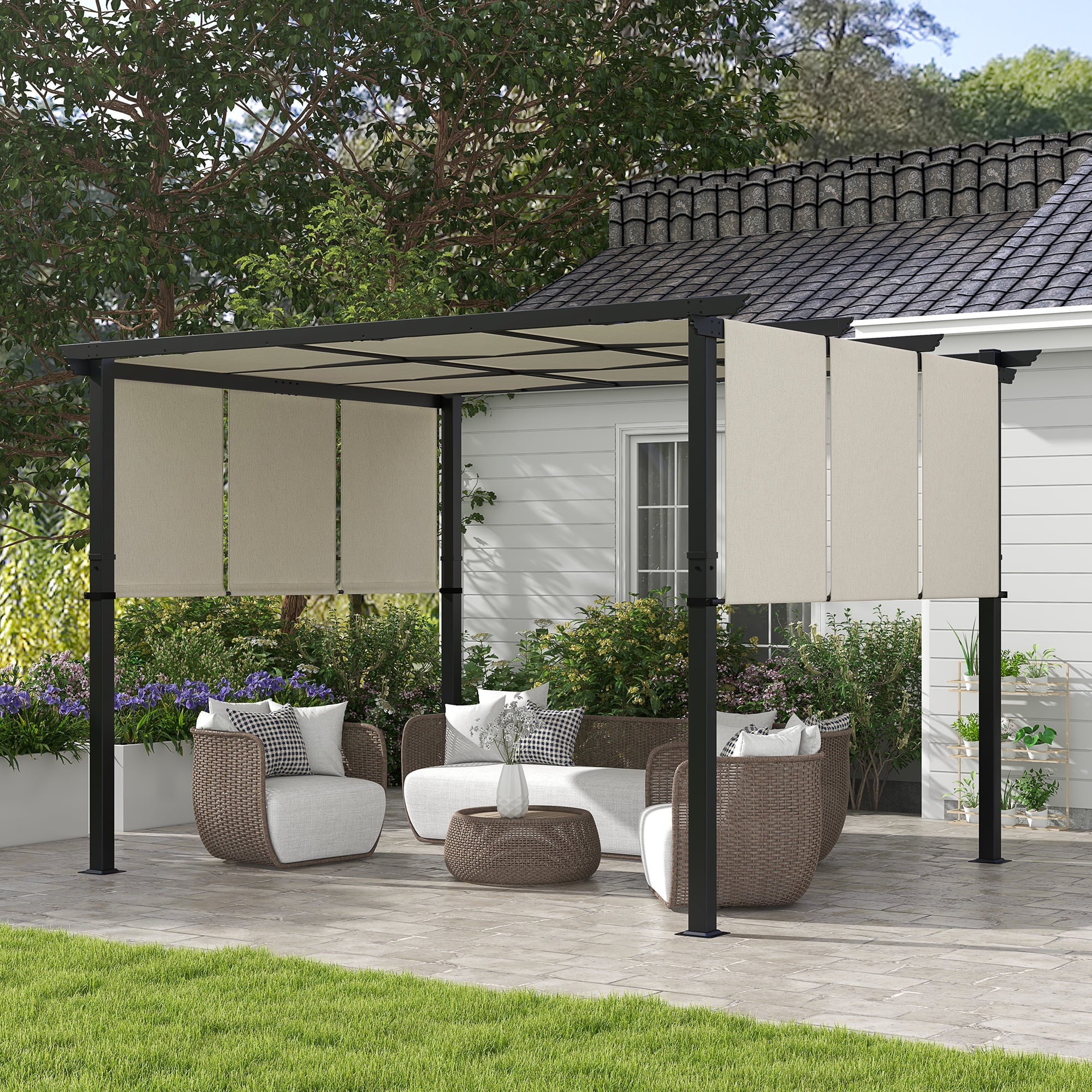 Outsunny 10' x 12' Metal Pergola with Retractable Canopy for Patio, Deck