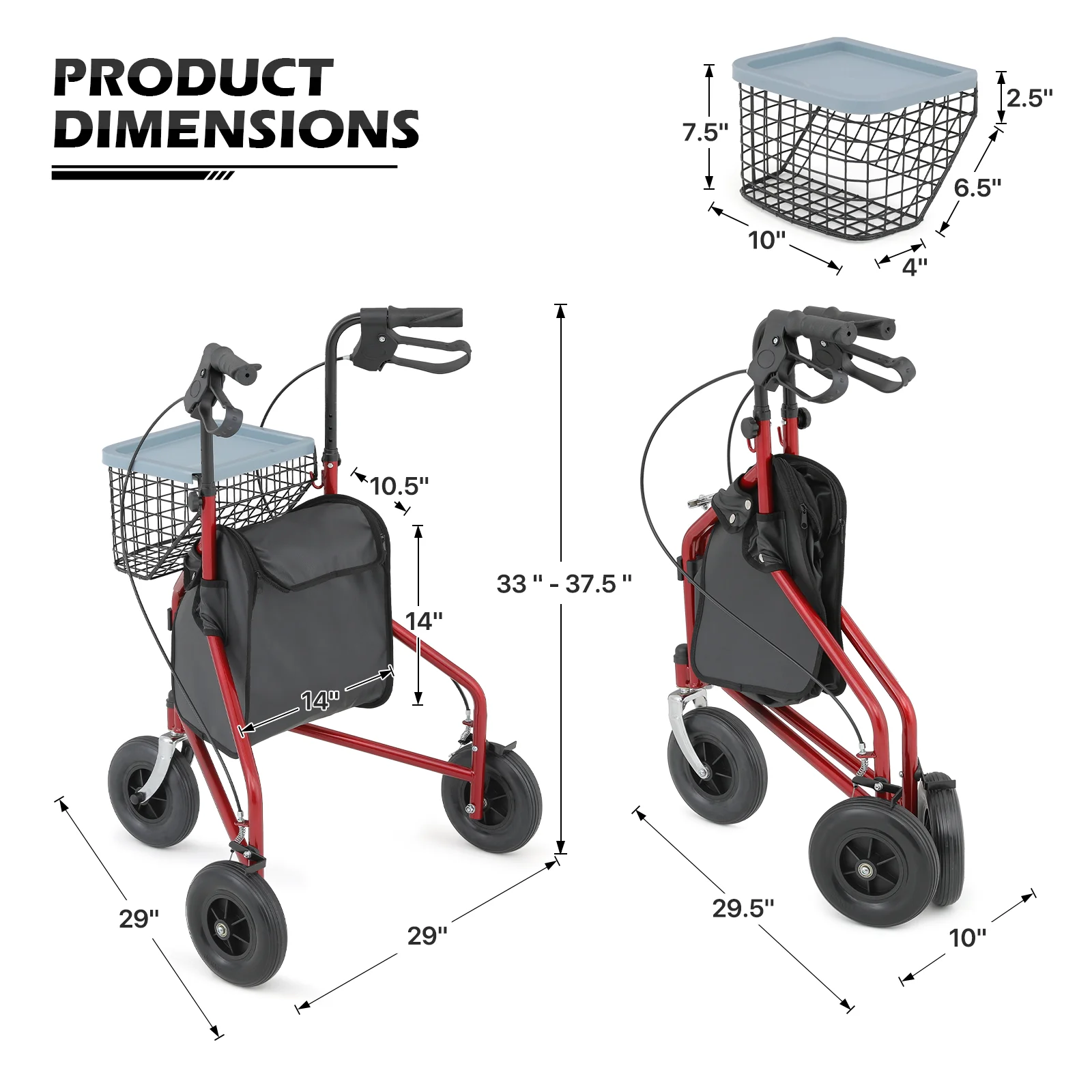 monicare Foldable Rolling Walker for Seniors, 3 Wheels Rollator with w/Oxford Bag & Detachable Basket, 220Ibs Weight Capacity, Red Frame