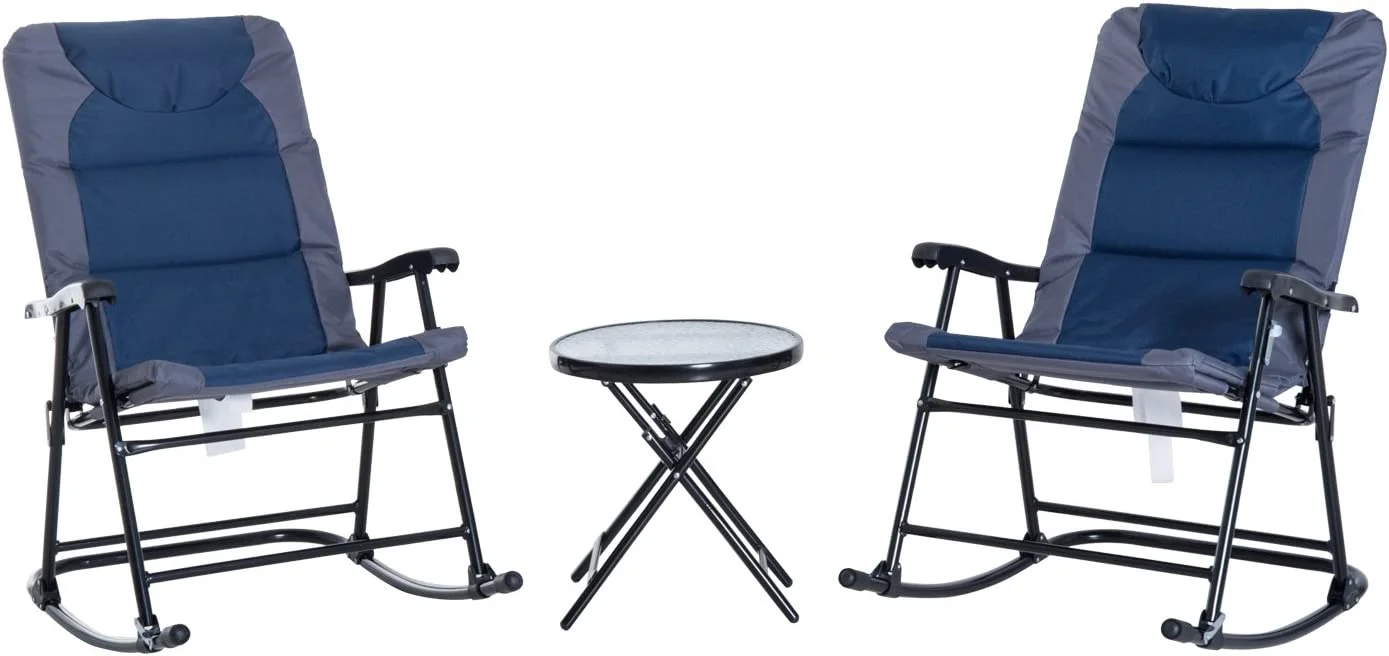 3 Piece Outdoor Patio Furniture Set with Glass Coffee Table & 2 Folding Padded Rocking Chairs, Bistro Style for Porch, Camping, Balcony, Navy Blue