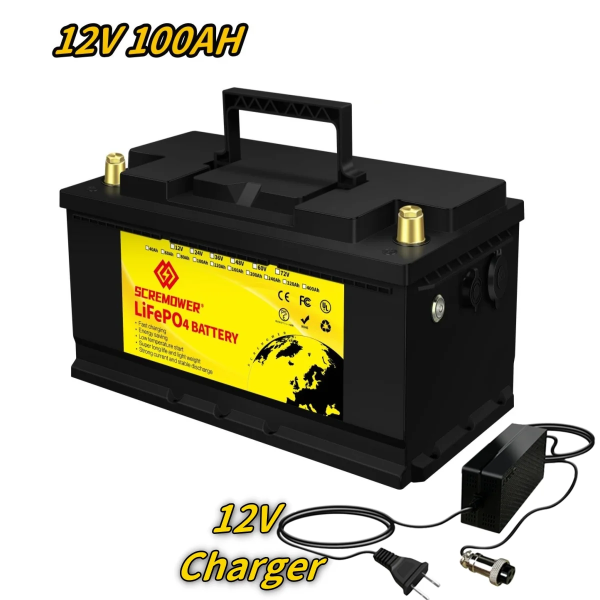 SCREMOWER 12V 100Ah LiFePO4 Battery,Lithium Battery Deep Cycle Solar Battery 100A BMS for Solar Pannel RV Camping, Trolling Motors Boat Marine，15000 Cycles