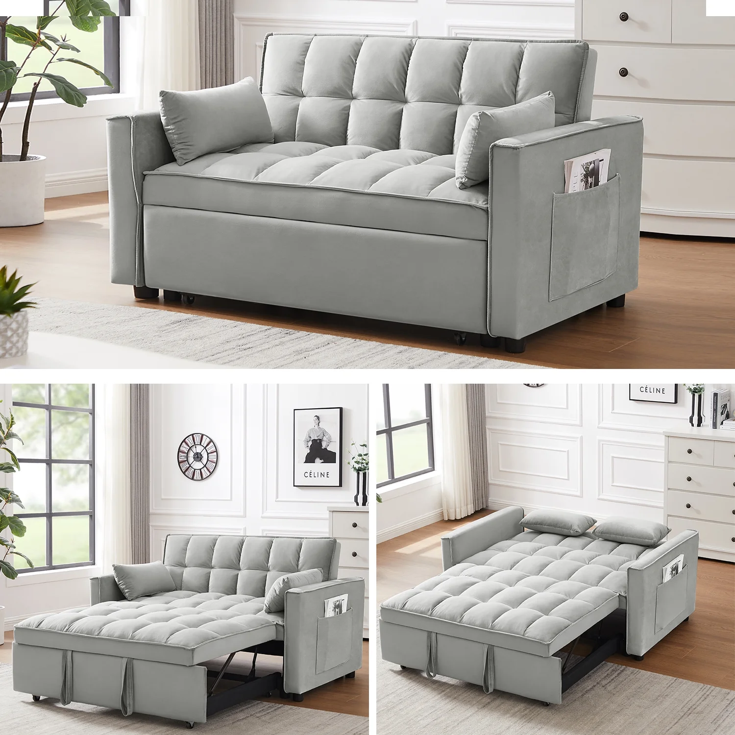 Modern Velvet Convertible Loveseat Futon Sofa with Pullout Bed, Reclining Backrest, Toss Pillows, and Side Pockets, 3-in-1 Sleeper Sofa for Living Room, Gray
