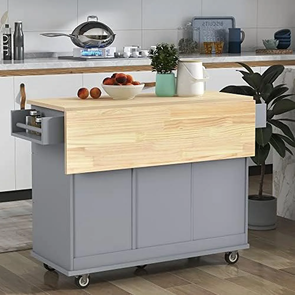 TJCGDTY Rolling Kitchen Island Cart with Folding Drop Leaf and  Cabinets  Kitchen Cart on Wheels with Spice Rack  Towel Rack and 3 Drawers  Dark Blue