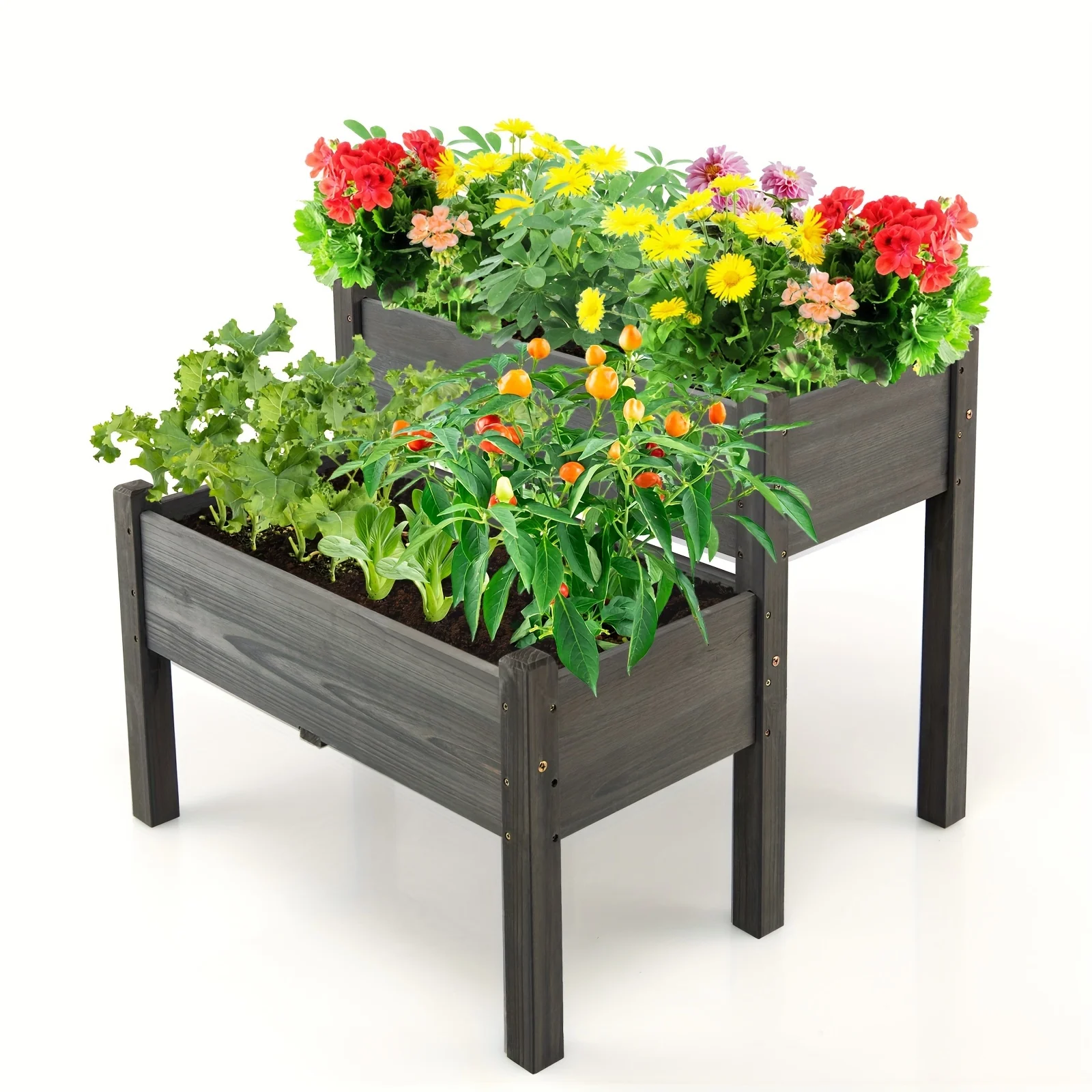 1pc 2 Tier Wooden Raised Garden Bed, Elevated Planter Box W/Legs Drain Holes