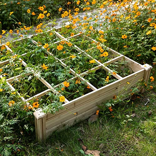 Outsunny Raised Garden Bed Kit, 4' x 4' Outdoor Wooden Planter Box with 9 Growing Grids, for Plants and Herbs