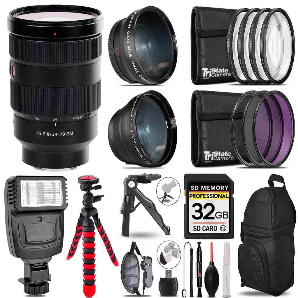 Sony FE 24-70mm f/2.8 GM Lens -3 Lens Kit + Slave Flash + Tripod - 32GB Accessory Bundle