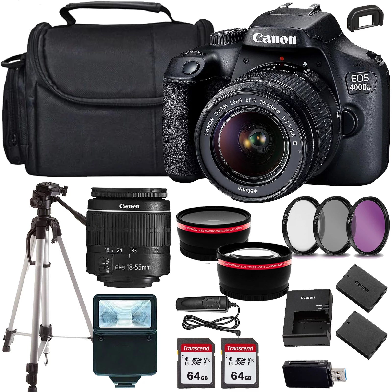 Canon EOS 4000D/Rebel T100 DSLR Camera w/Canon EF-S 18-55mm F/3.5-5.6 Zoom Lens+case+128Memory Cards (24PC)