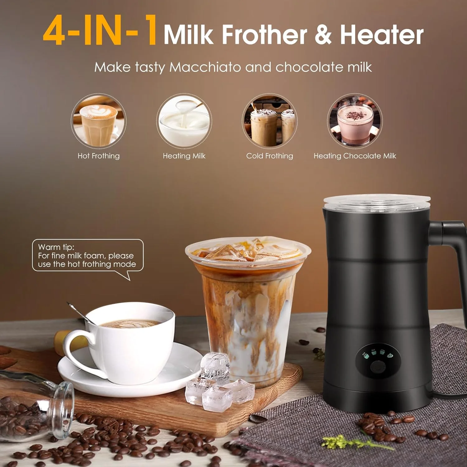 Milk Frother Electric, 4 in 1 Automatic Milk Frother, 350ml Milk Steamer Milk Warmer, Hot Chocolate Maker, Hot & Cold Stainless Steel Foam Maker for Coffee,Latte, Cappuccino, Macchiato