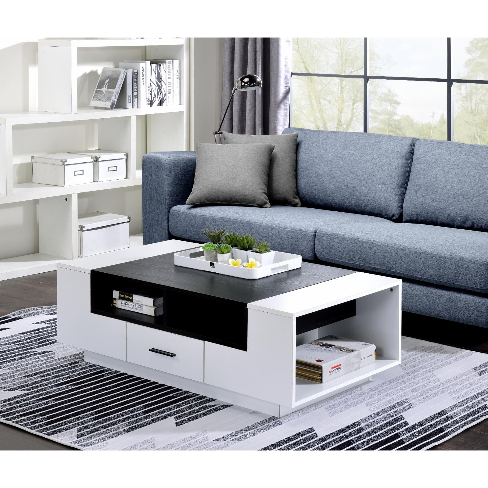ACME Armour 1-Drawer Wooden Coffee Table with Compartments in White and Black