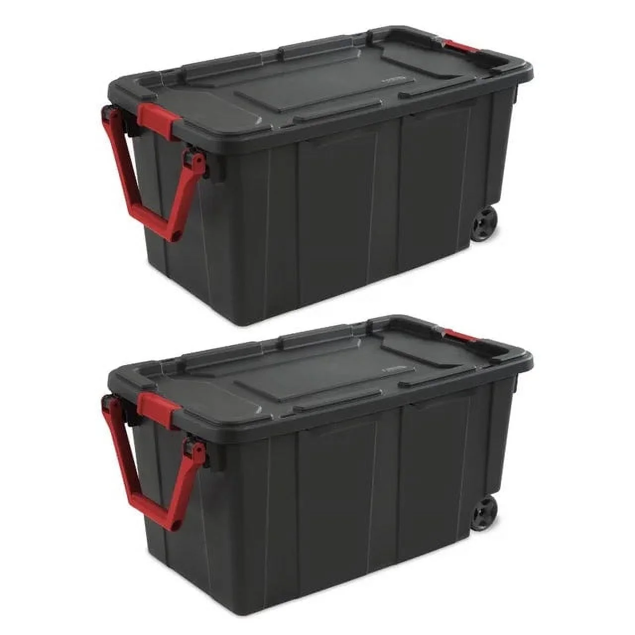 Sterilite 40 Gallon Wheeled Industrial Tote Plastic, Clear/Purple, /Black/Red Set of 2