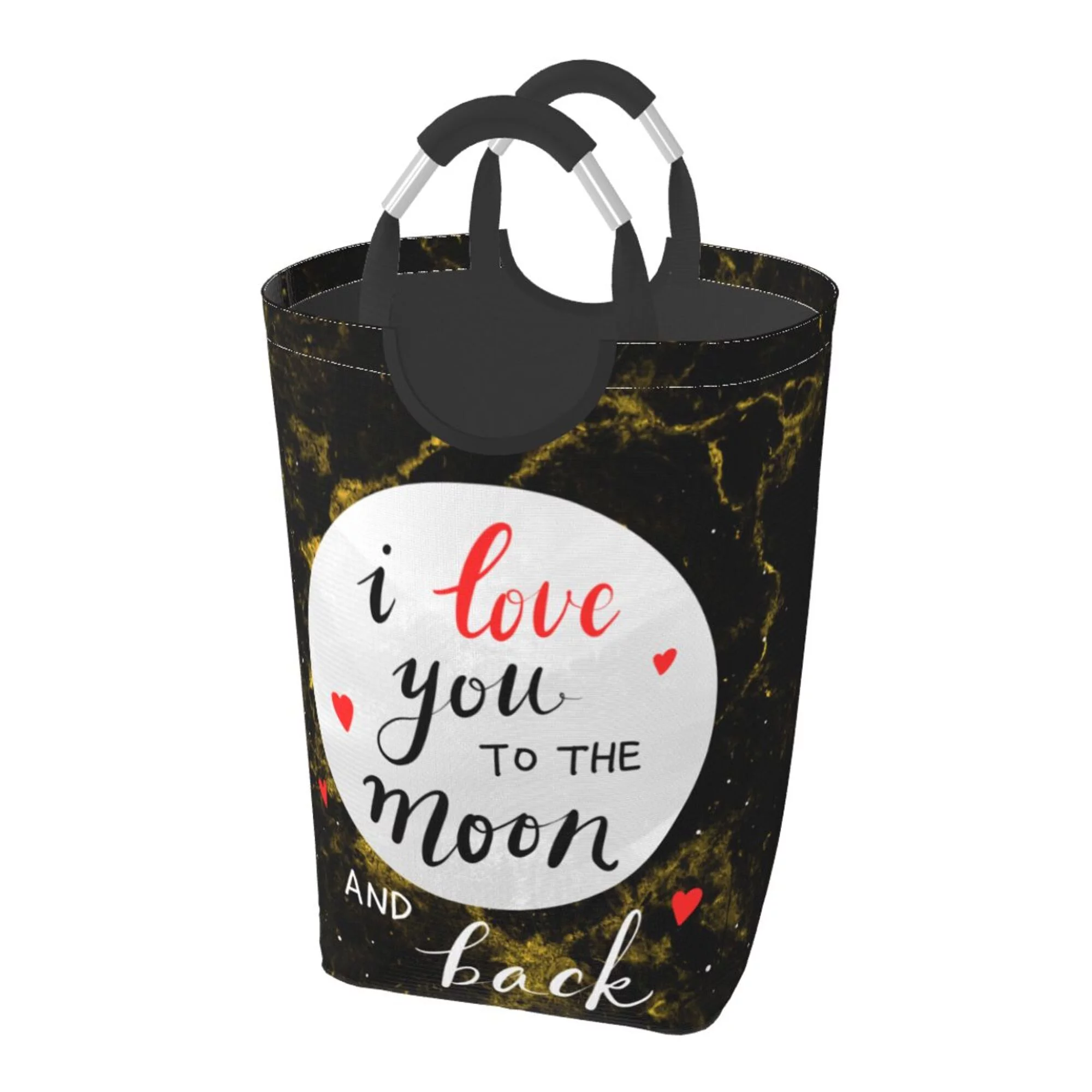 TEQUAN 50L Large Rectangular Laundry Hamper with Aluminum Handles, I Love You Text Prints Waterproof Foldable Dirty Clothes Basket