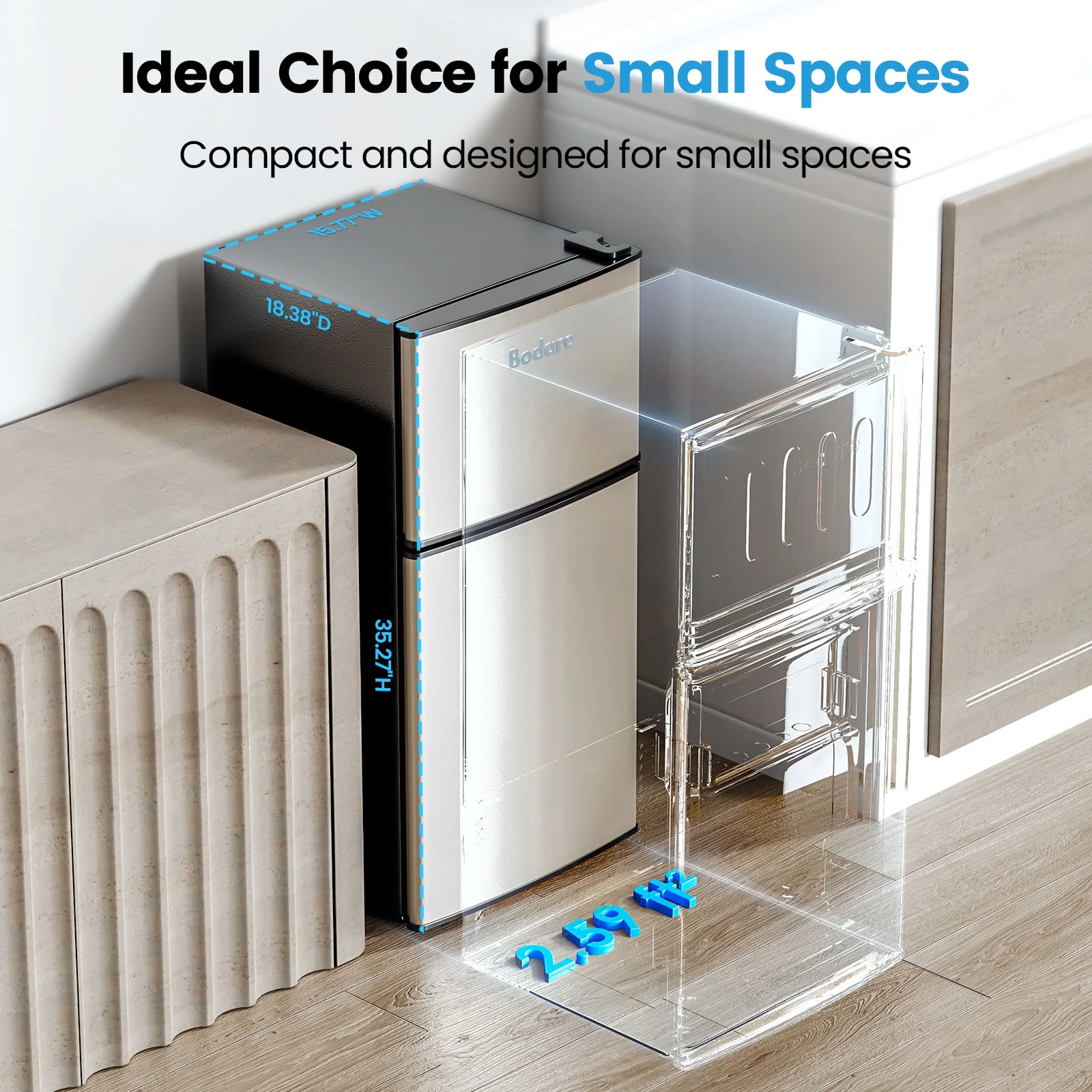 Bodare 3.2 Cubic Feet Freestanding Mini Fridge with Freezer