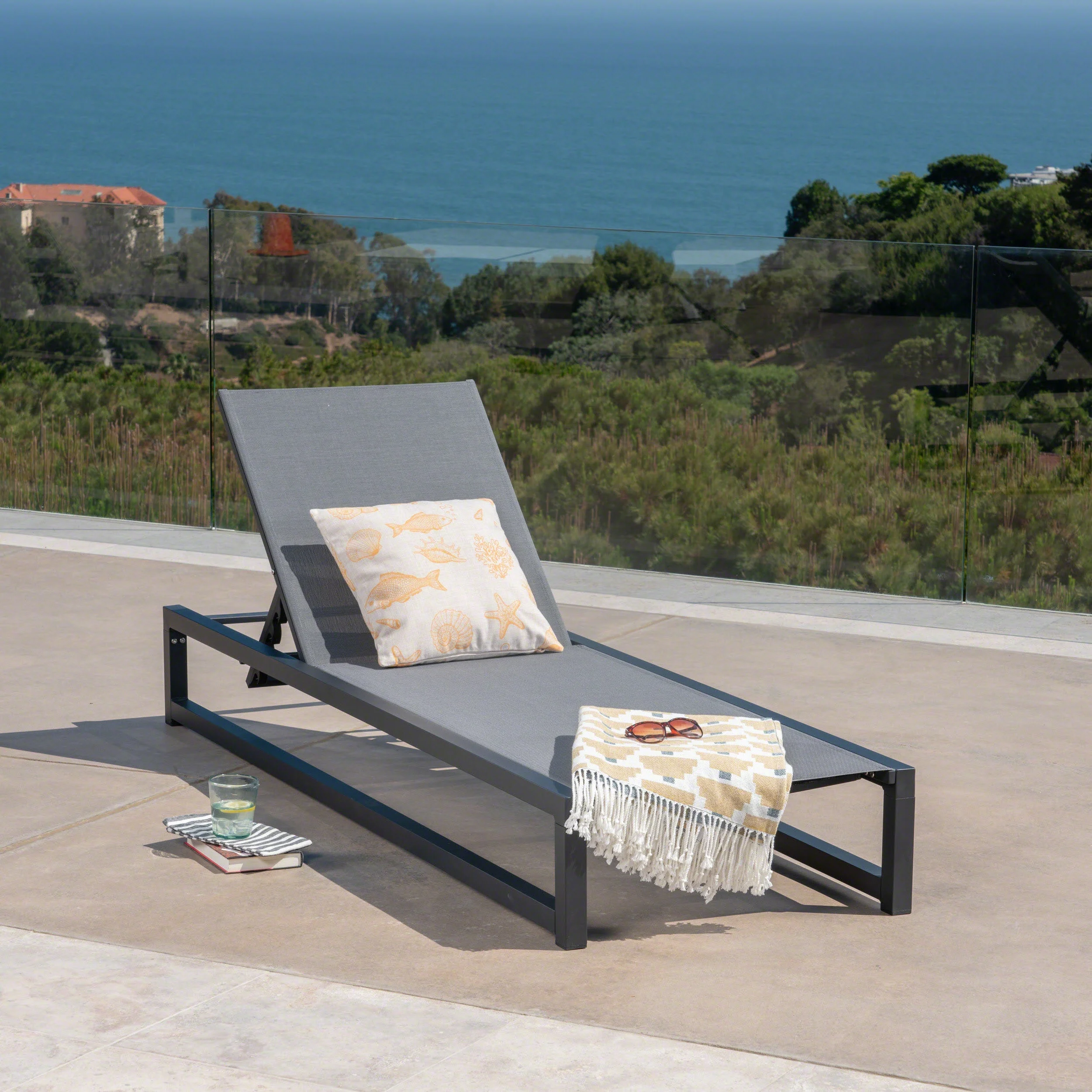 GDF Studio Mottetta Outdoor Mesh and Aluminum Armless Adjustable Chaise Lounge, Gray and Black