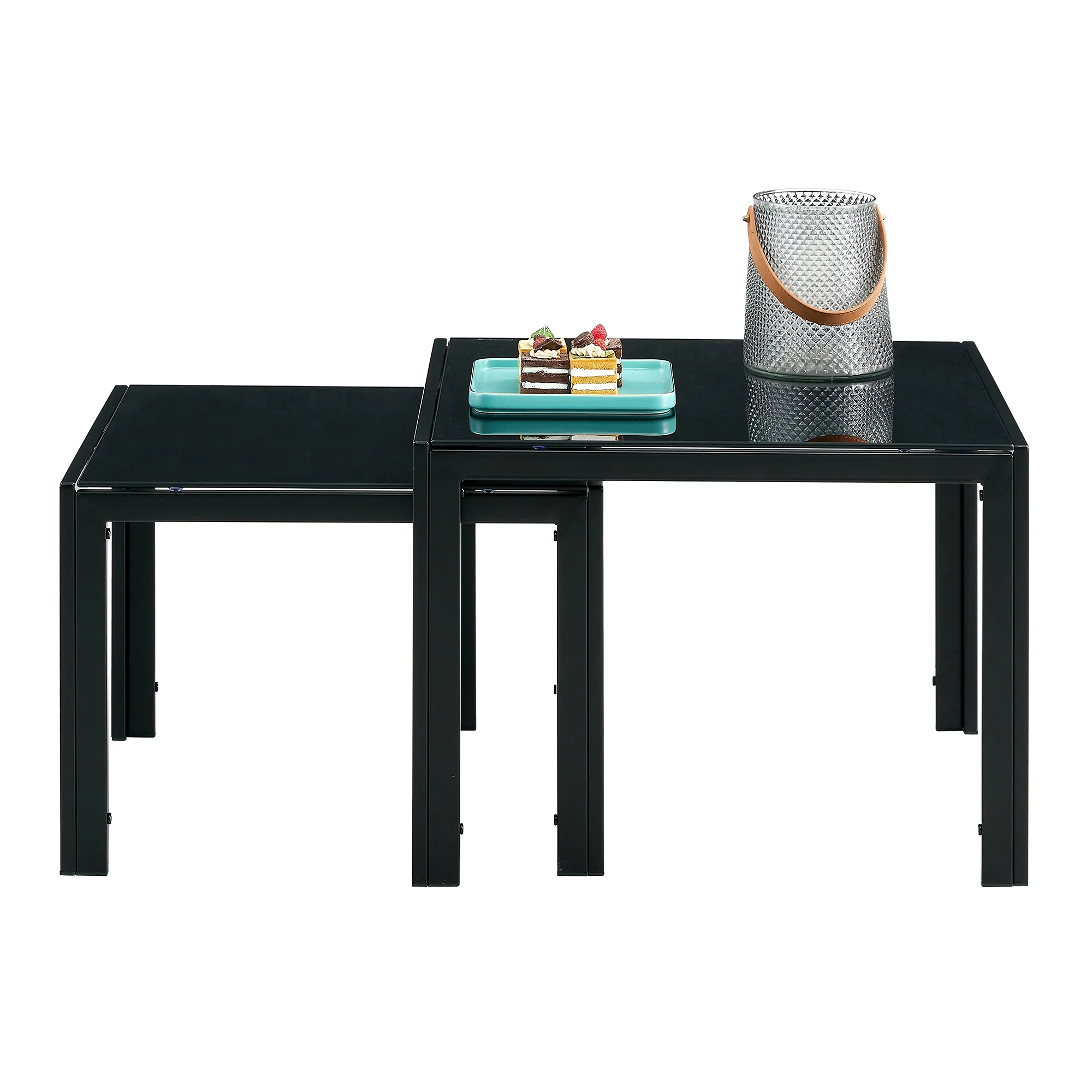 Smilegend Modern Black Square Nesting Coffee Table Set of 2 with Tempered Glass Finish, Stacking Tables