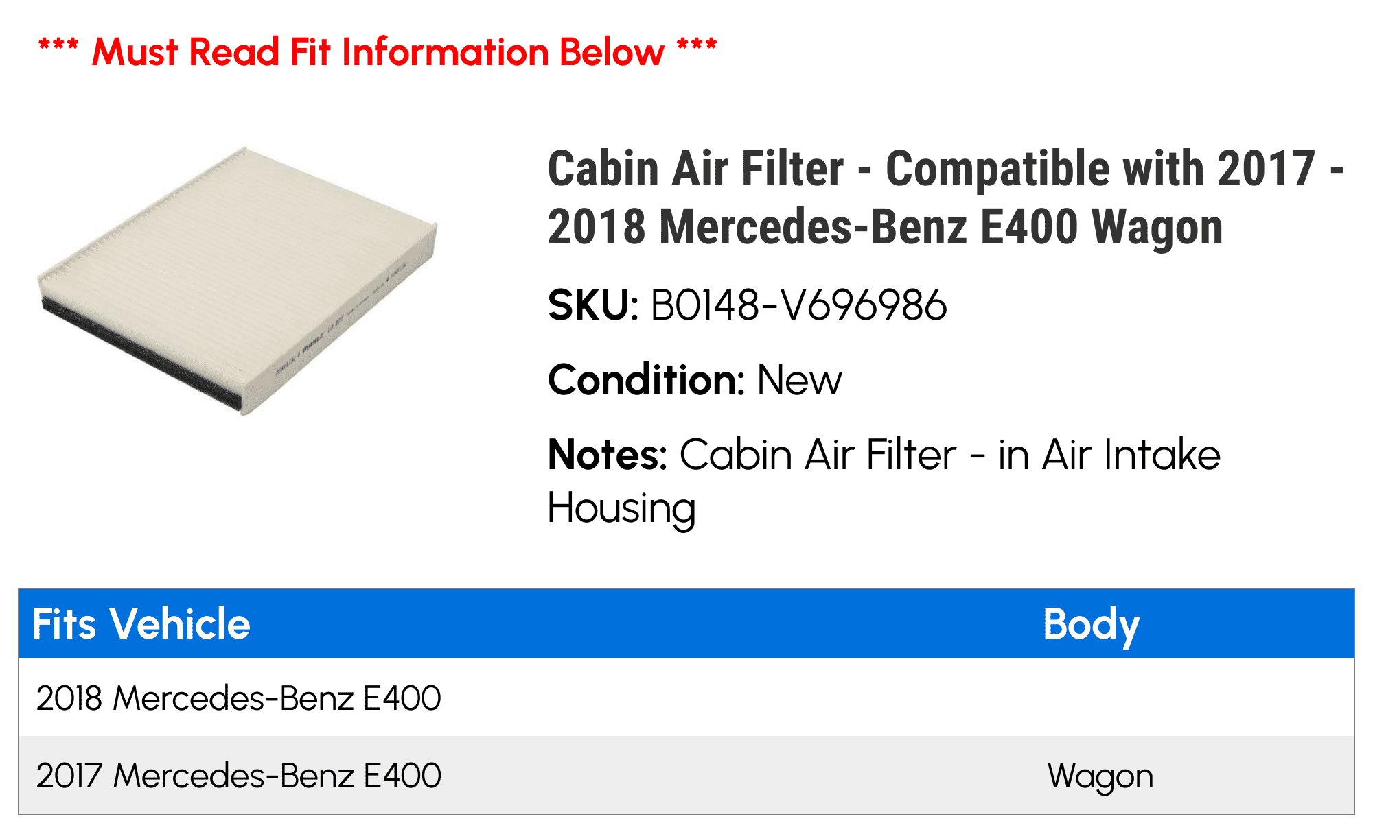 Cabin Air Filter - Compatible with 2017 - 2018 Mercedes-Benz E400 Wagon
