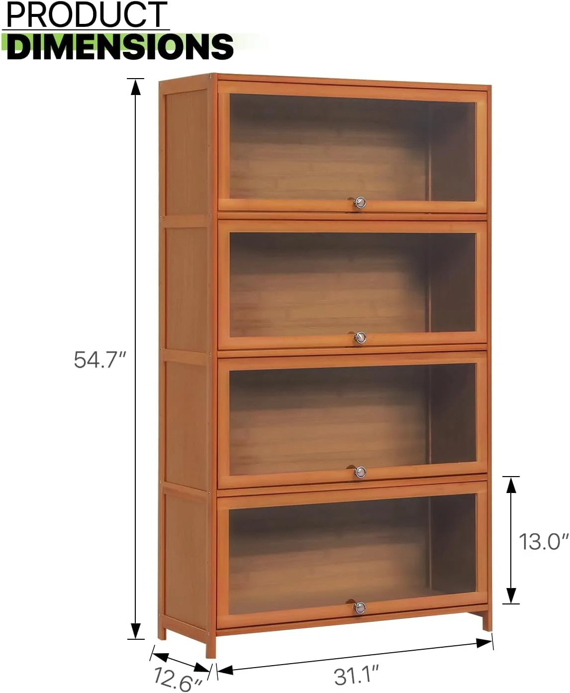 Bamboo 4-Tier Display Case Bookcase with Clear Acrylic Flip-Up Doors  Wide Brown Kitchen Cabinet  Pantry Cabinet Showcase  Cabinet Organizer - 31" L x 12.5" W x 54.5" H