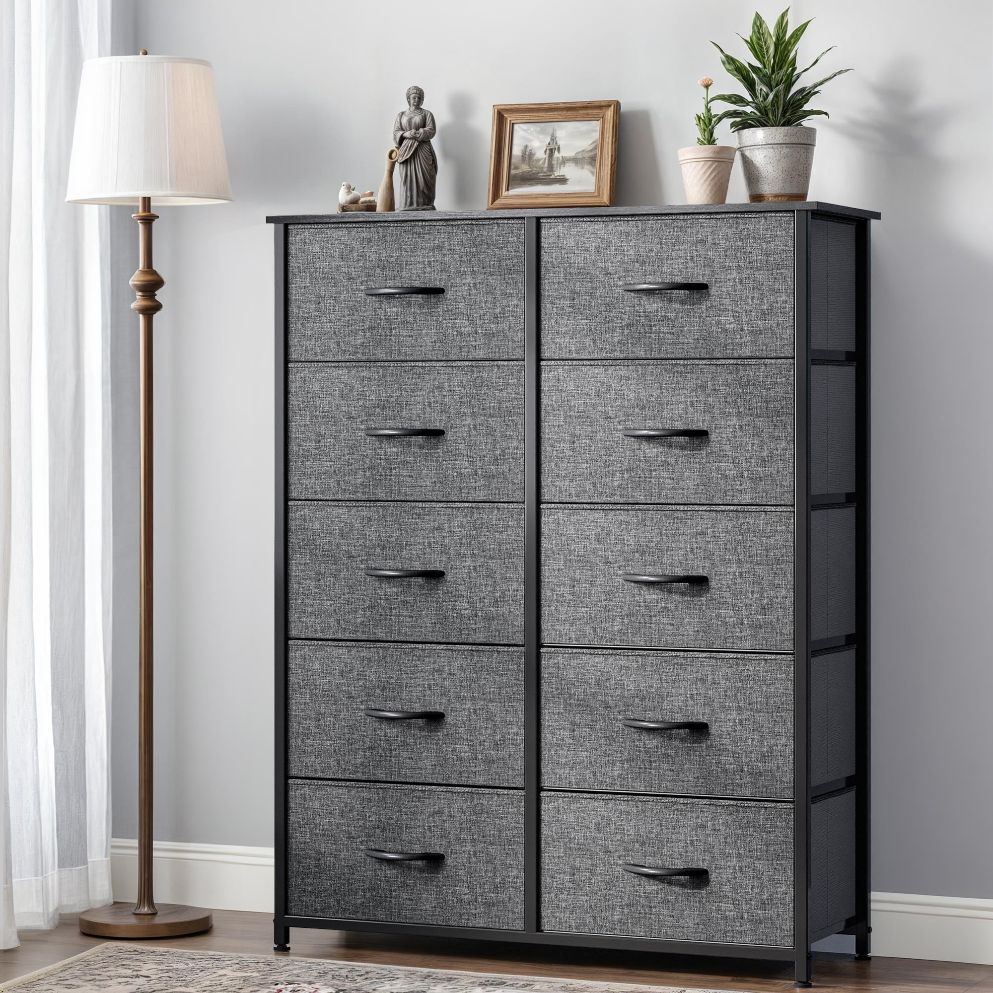 ModFusion 10-Drawers Fabric Dresser w/ Plastic Handle & Sturdy Frame, Storage Organizer for Closet & Living Room – Black Gray