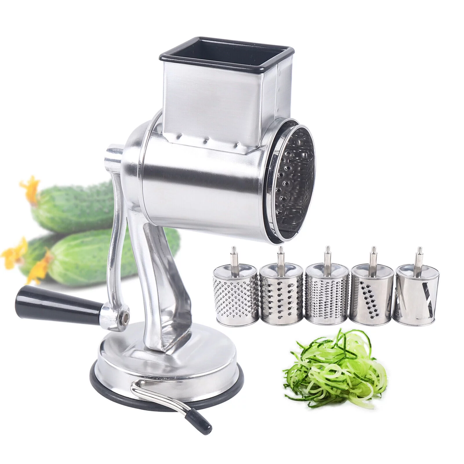 ZhdnBhnos Kitchen Food Rotary Grater Drum Slicer Grinding Tool Vegetable Shredder Grinder with 5 Blades Stainless Steel