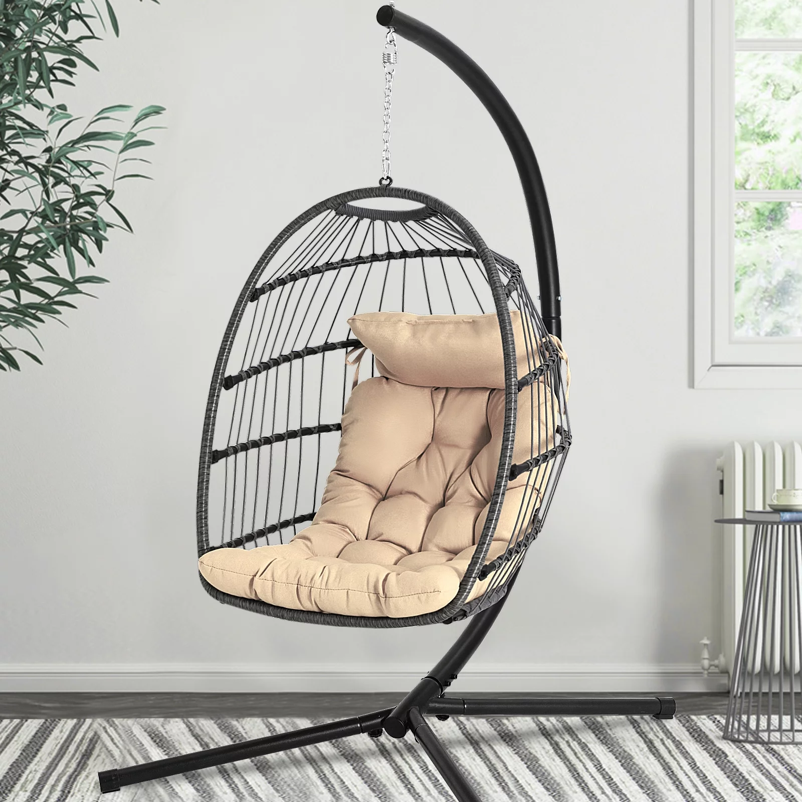 JEAREY Swing Egg Chair with Stand and Cushion, Indoor Outdoor Patio Wicker Rattan Hanging Chair with Cushion, Beige
