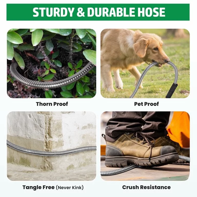 100' 304 Stainless Steel Garden Hose, Lightweight Metal Hose with Free Nozzle, Guaranteed Flexible and Kink Free