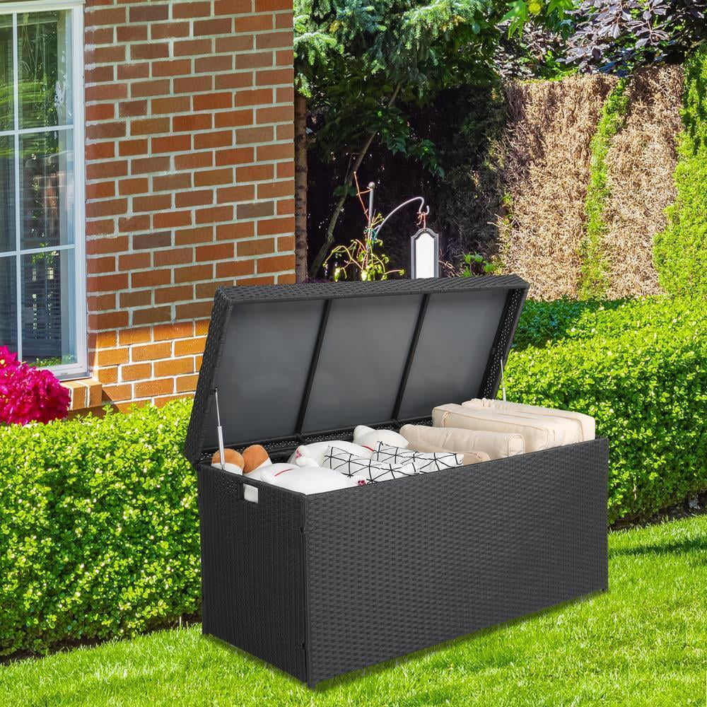 Large132 Gallon Outdoor Rattan Storage Deck Box For Outdoors Indoor Black