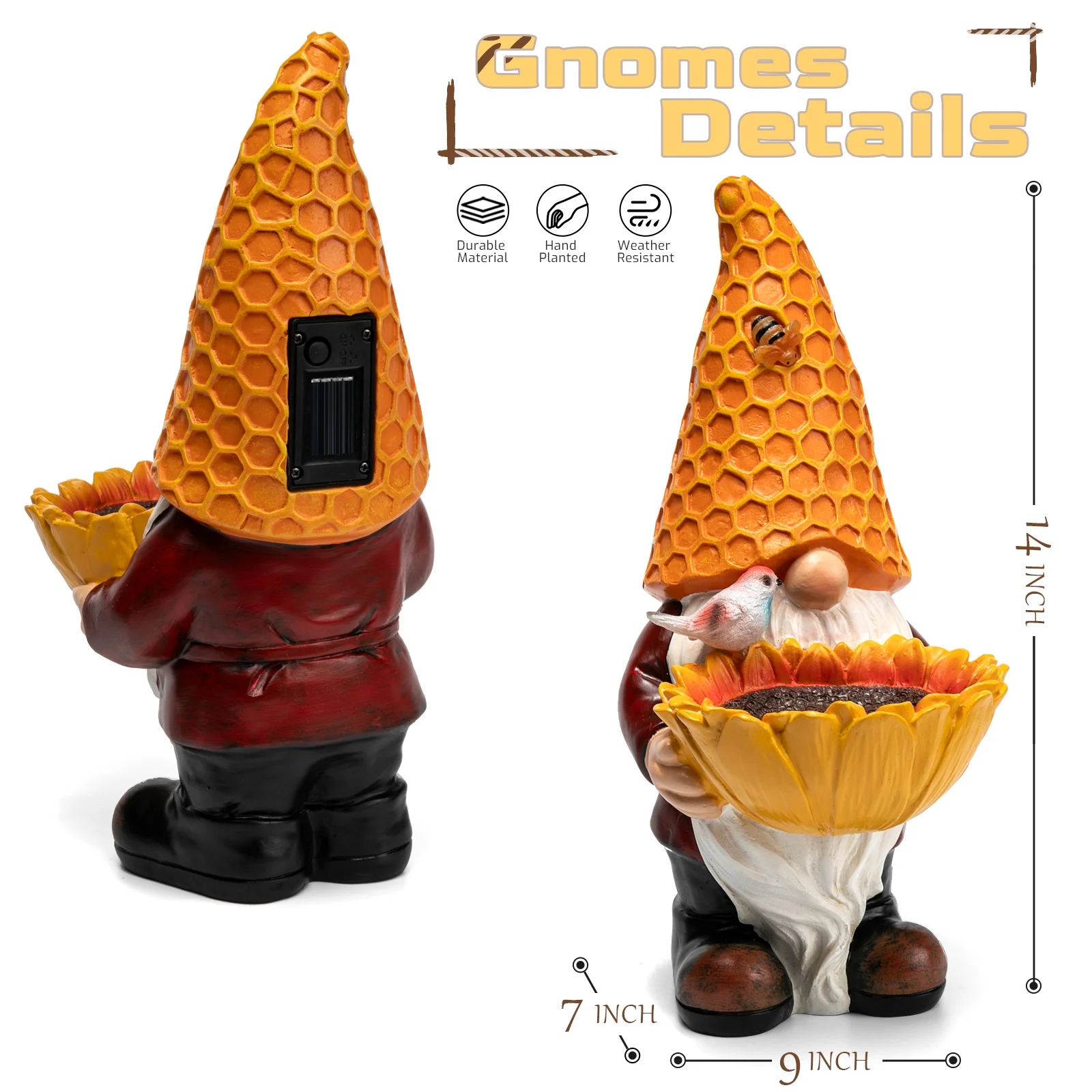 Garden Gnome Birdbath for Outdoor Decor: Gnome Figurine with Sunflower Bird Feeder and Solar LED Light Waterproof Garden Sculpture for Yard Garden Lawn Outdoor Decorations