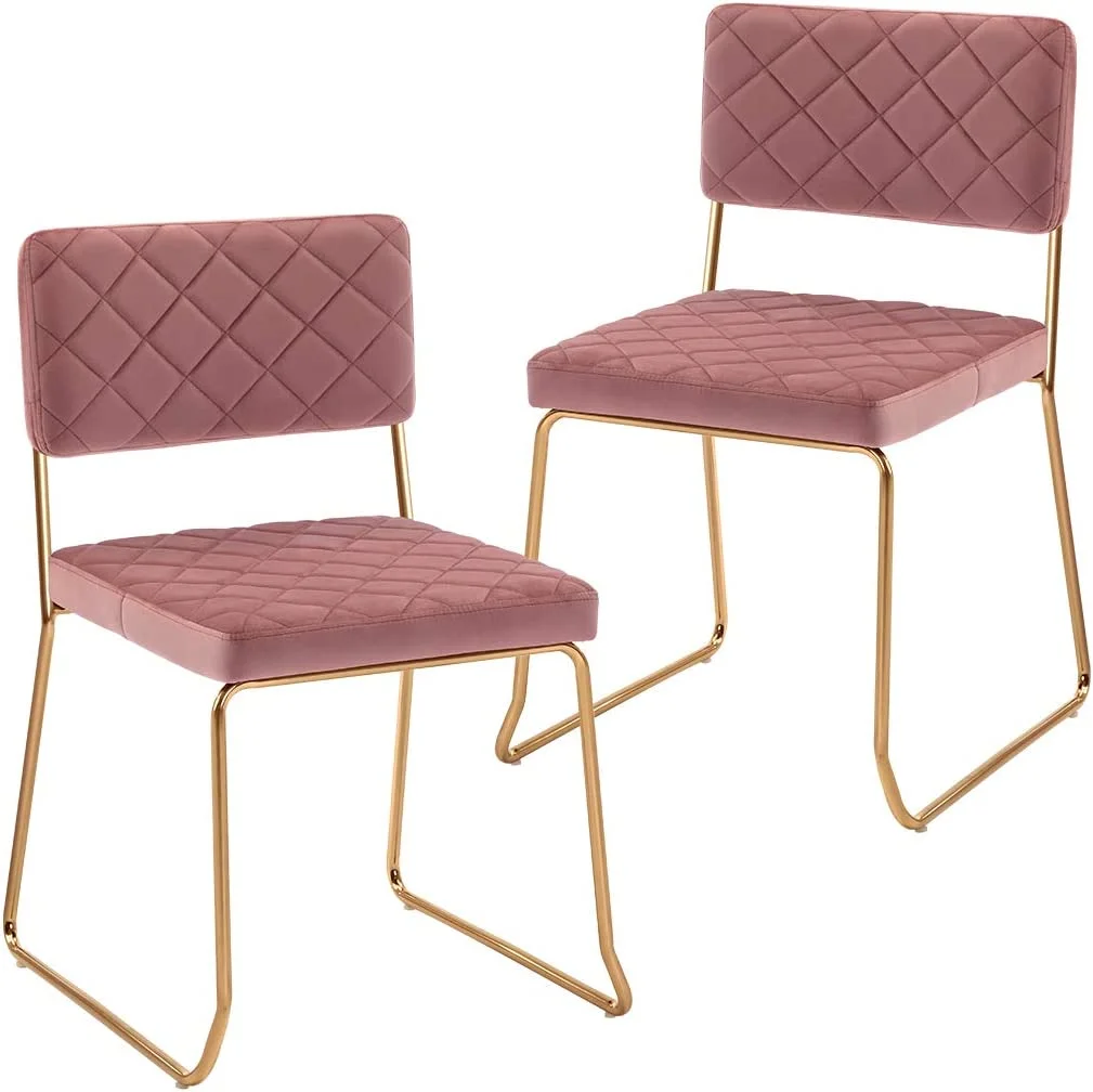 ZWNLKQG Duhome Modern Dining Chairs  Quilt Armless Kitchen Chair Desk Chair Accent Velvet Chairs with Gold Metal Legs with Mid Back for Dining Room Living Room Pink