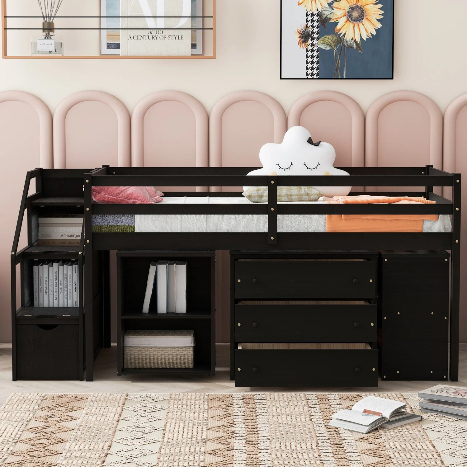 Twin Size Loft Bed with Retractable Writing Desk and 3 Drawers  Wooden Loft Bed with Storage Stairs and Shelves  Espresso