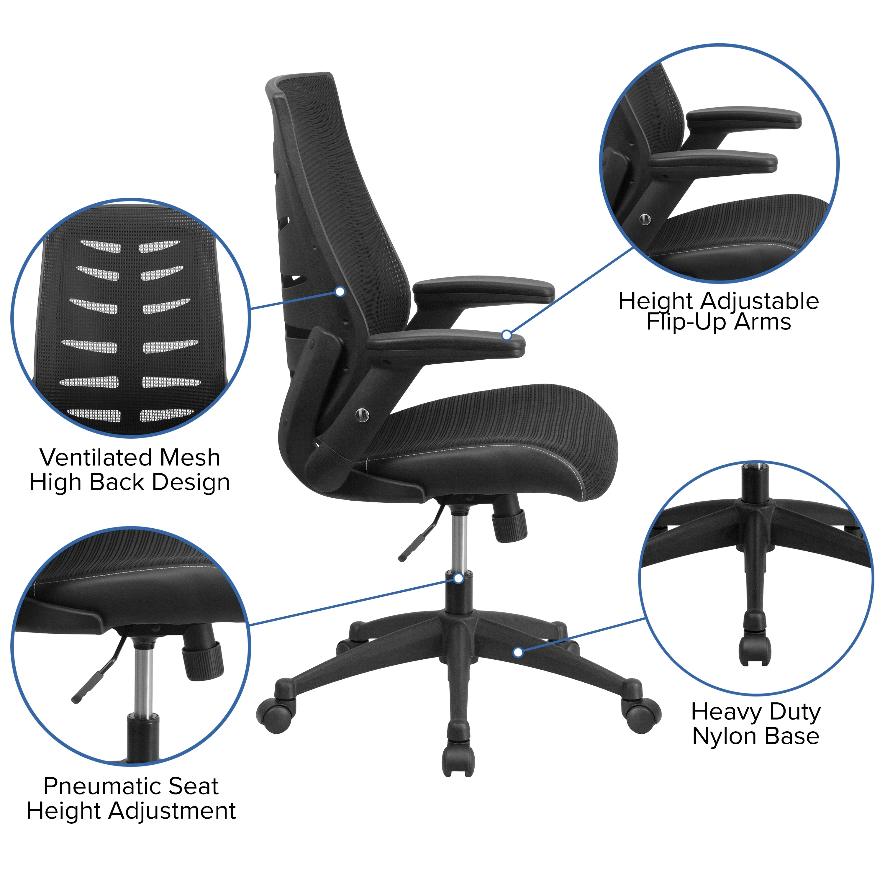 Emma + Oliver High Back Black Mesh Swivel Ergonomic Office Chair with Adjustable Flip-Up Arms