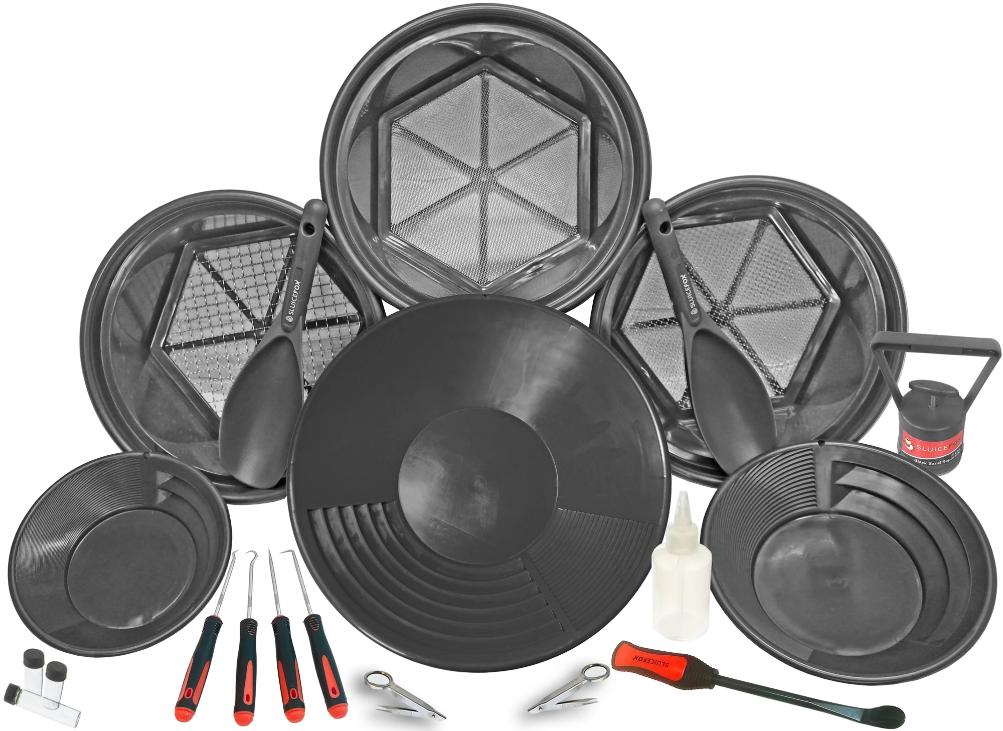Sluice Fox Sluice Fox gold panning kit with 3 classifiers; stacking sifting pans fits on bucket; huntley spoon, gold crevice tools, paydirt scoop, black sand magnet separator, gold vials and more