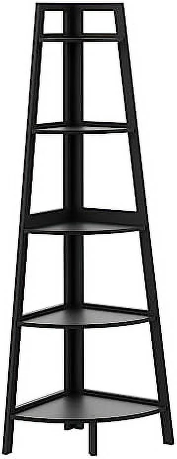 HBLUKDL Corner   5 Tier Corner Bookshelf  70 Inch Tall Modern Black Bookcase  Open Ladder Book Case for Living Room  Bedroom  Office  Kitchen (Black)