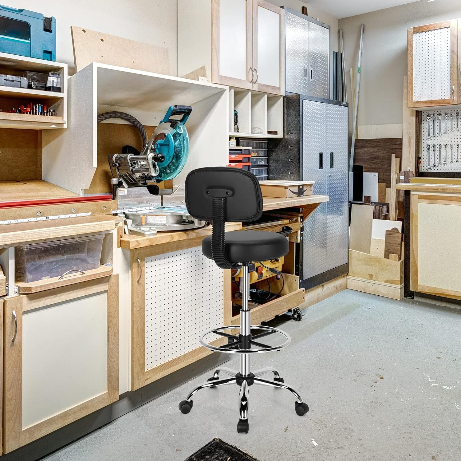 Drafting Chair with Footrest and Backrest, Leather Thick Seat Cushion Office Desk Chair, Swivel Rolling Wheels Bar Stool for Spa, Studio, Classroom, Lab, Counter, Salon, Home Office