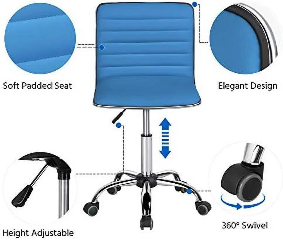 TJCGDTY 2 PCS Office Chair PU Leather Ribbered Low-Back Modern  Chair Executive Chair Armless Swivel Task Chair  Blue