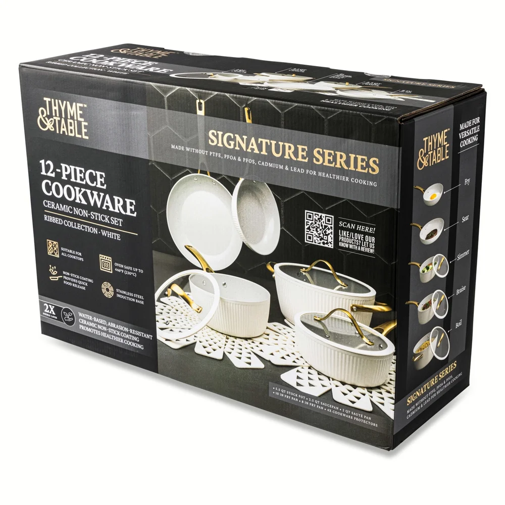 Thyme & Table 12-Piece Ceramic Non-Stick Ribbed Cookware Set, White & Gold