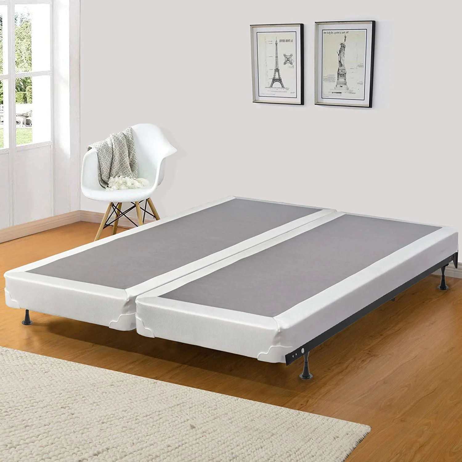 YANRUI Fully Assembled Low Profile Wood Traditional Boxspring/Foundation for Mattress, King, Gray And White
