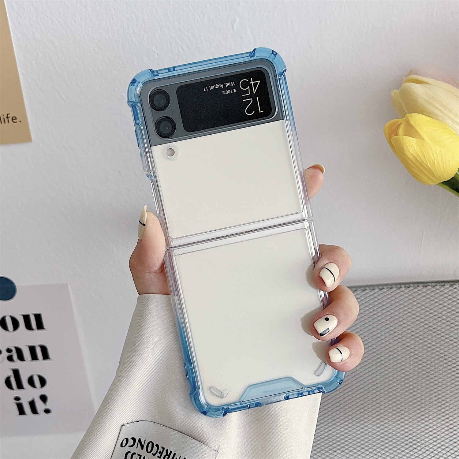 SaniMore for Samsung Galaxy Z Flip 3 Gradient Folding Case Slim Clear Rugged PC, All-Inclusive [Not Yellowing Technology] Full Body Shockproof Protective Cover for Girls Ladies Women, Blue