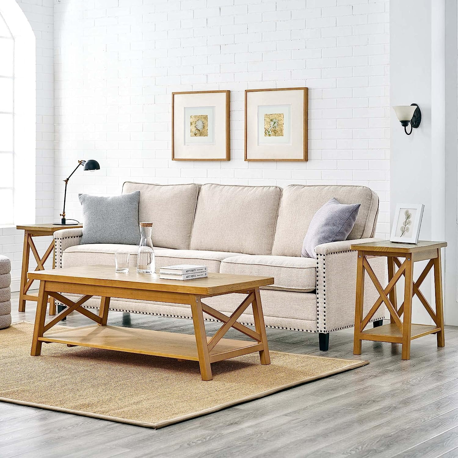 Modern Farmhouse Solid Wood Coffee Table with  Shelf  47" L  Rustic Oak Finish