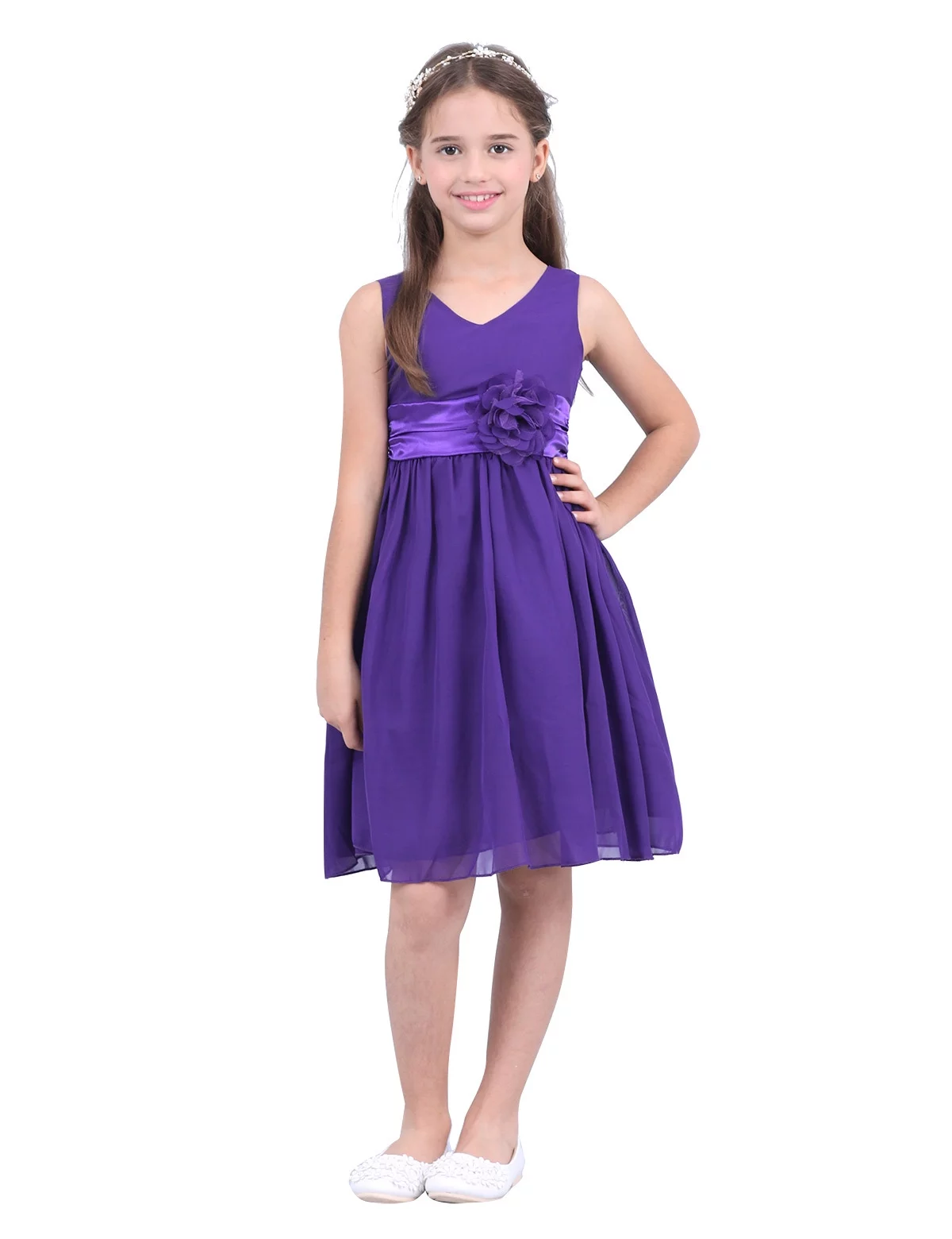 Eandarui Girls Toddler Kids Flower Chiffon Pleated Bridesmaid Wedding Pageant Party Dress Purple 14