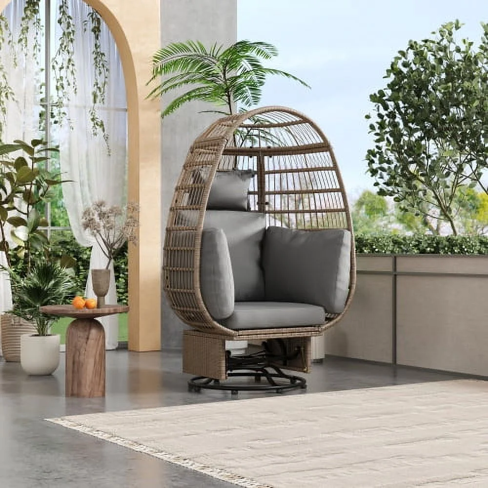 Buumin TREXM Outdoor Swivel Chair with Cushions, Rattan Egg Patio Chair with Rocking Function for Balcony, Poolside and Garden (Natural Wicker + Grey Cushion)