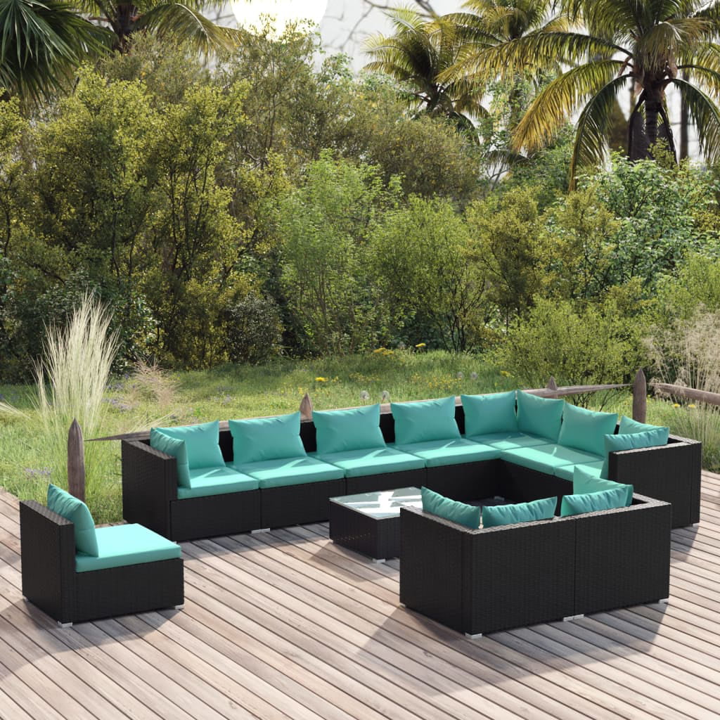 Anself 11 Piece Patio Set with Cushions Poly Rattan Black