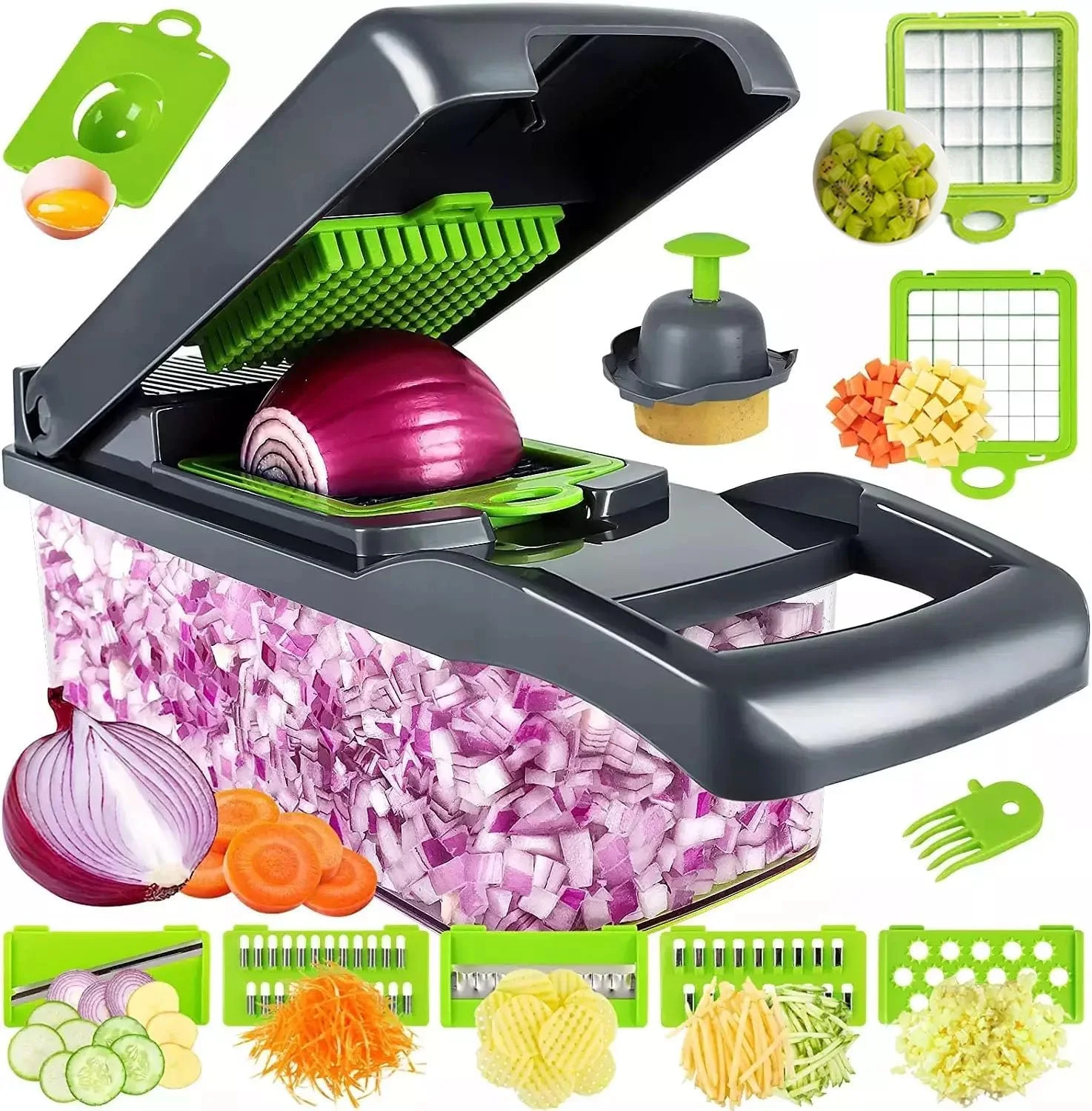 SEVEN BUSSZ Vegetable Chopper, Pro Onion, Multifunctional 16 in 1 Food Chopper, Kitchen Vegetable Cutter Slicer Dicer,Veggie Chopper With 8 Blades, Potatoes, Carrot and Garlic Chopper With Container